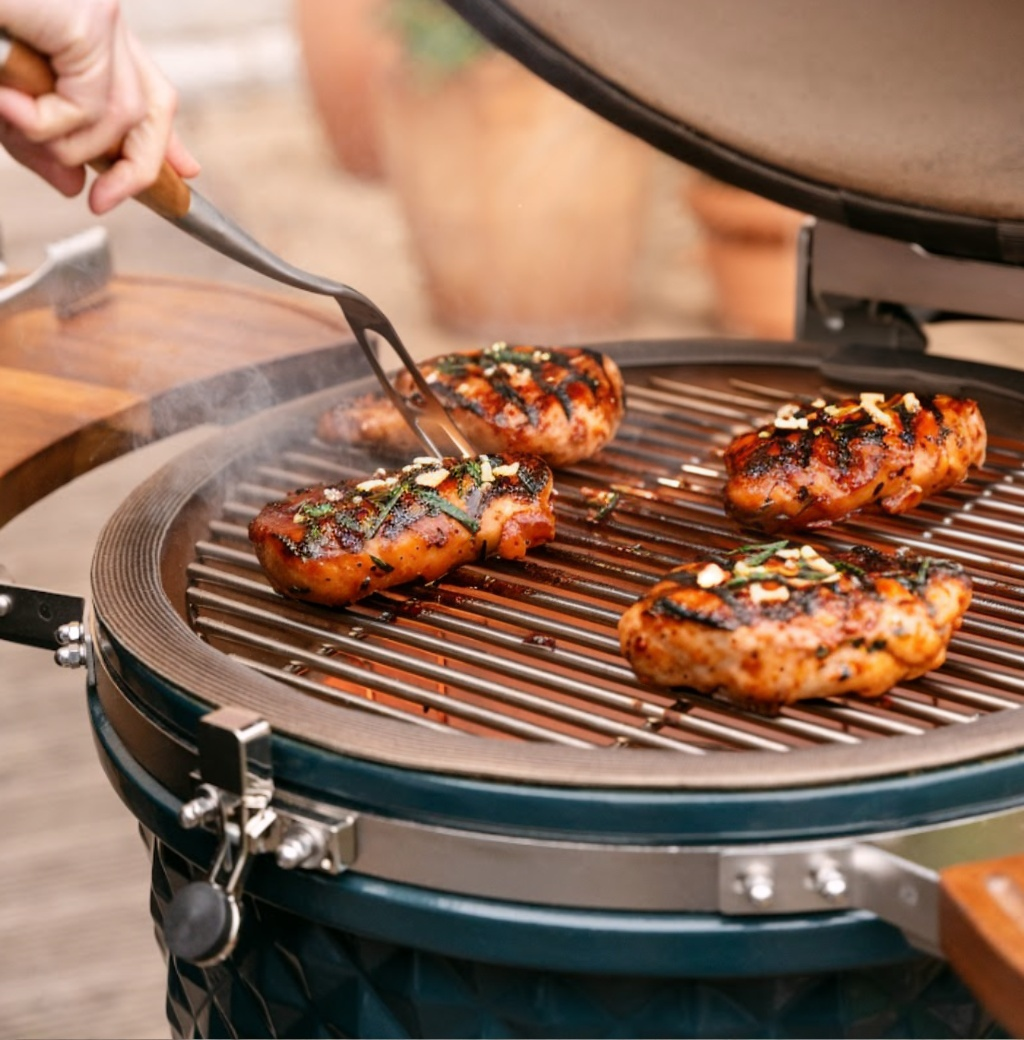 Poulet mariné qui cuit sur le kamado kokko