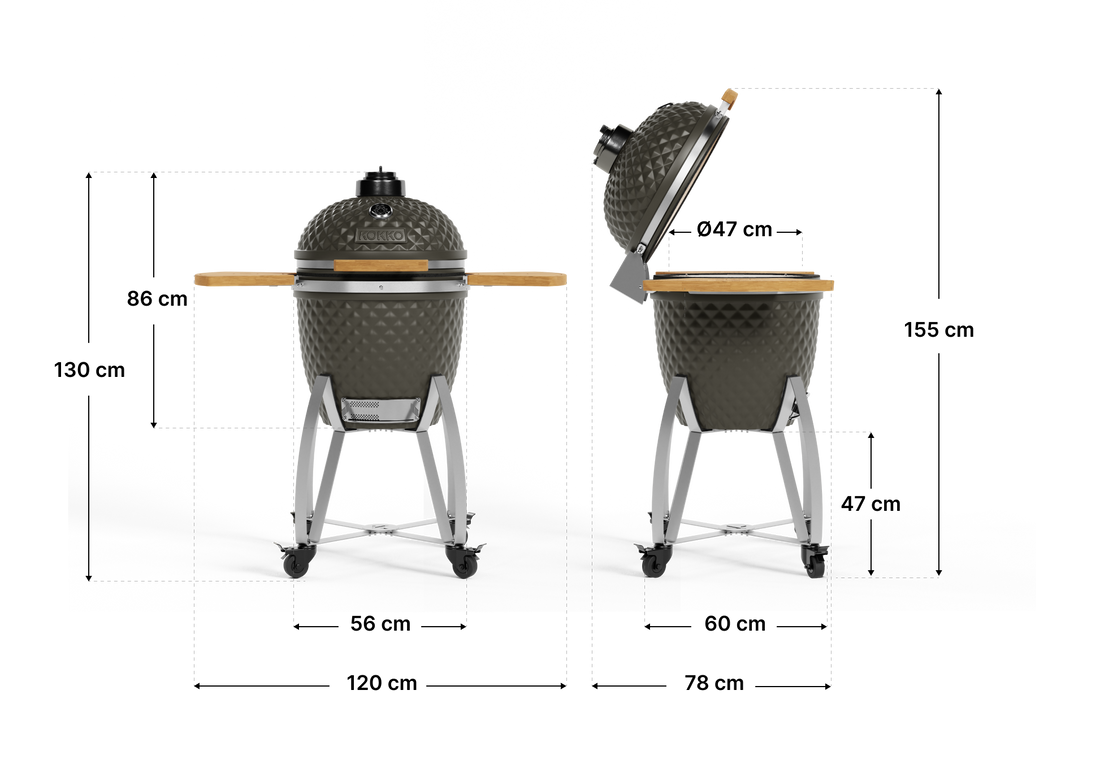 Schéma des dimensions et caractéristiques du kamado Kokko XL.
