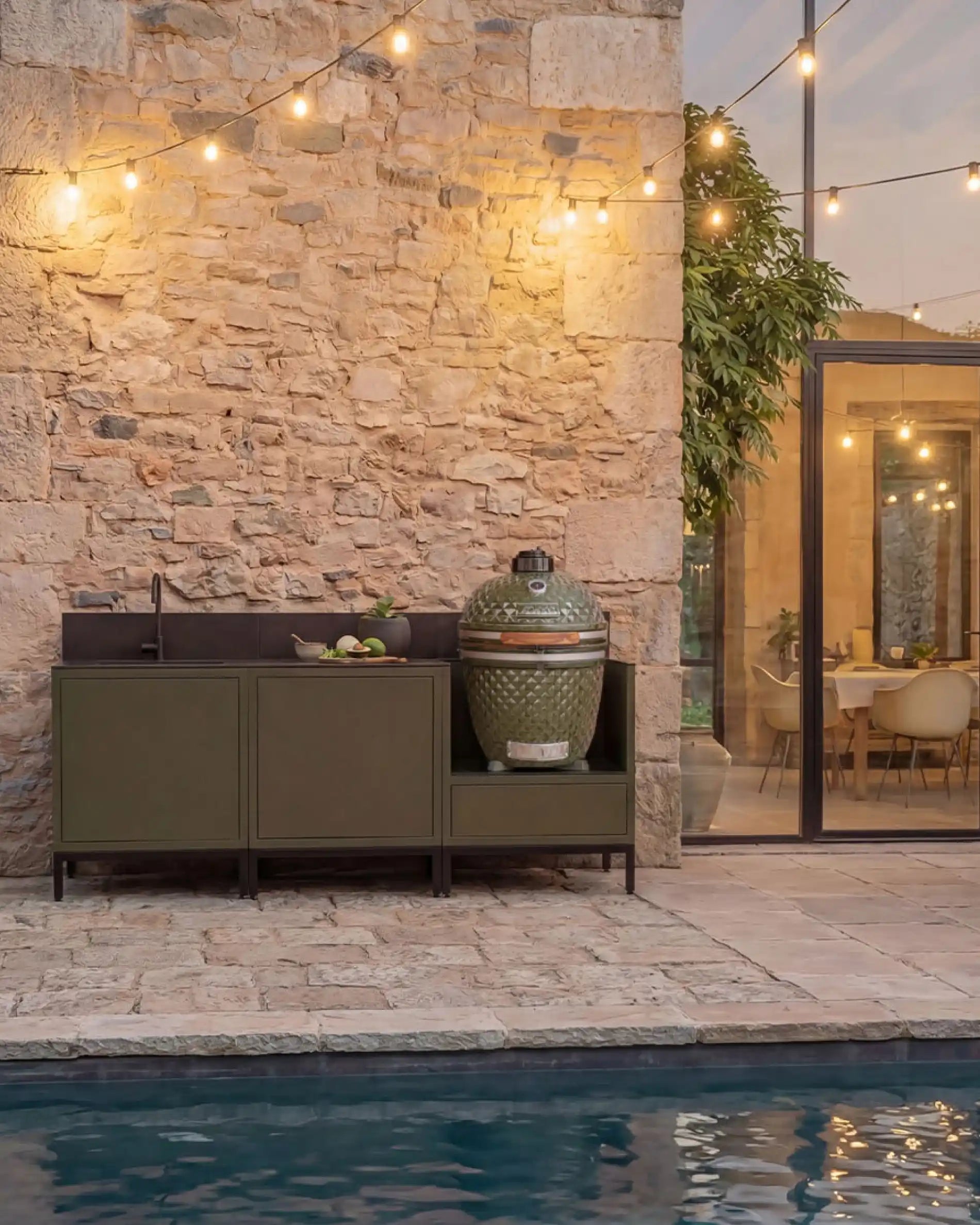 Cocina exterior Kokko Pilotis oliva con fregadero y kamado junto a la piscina