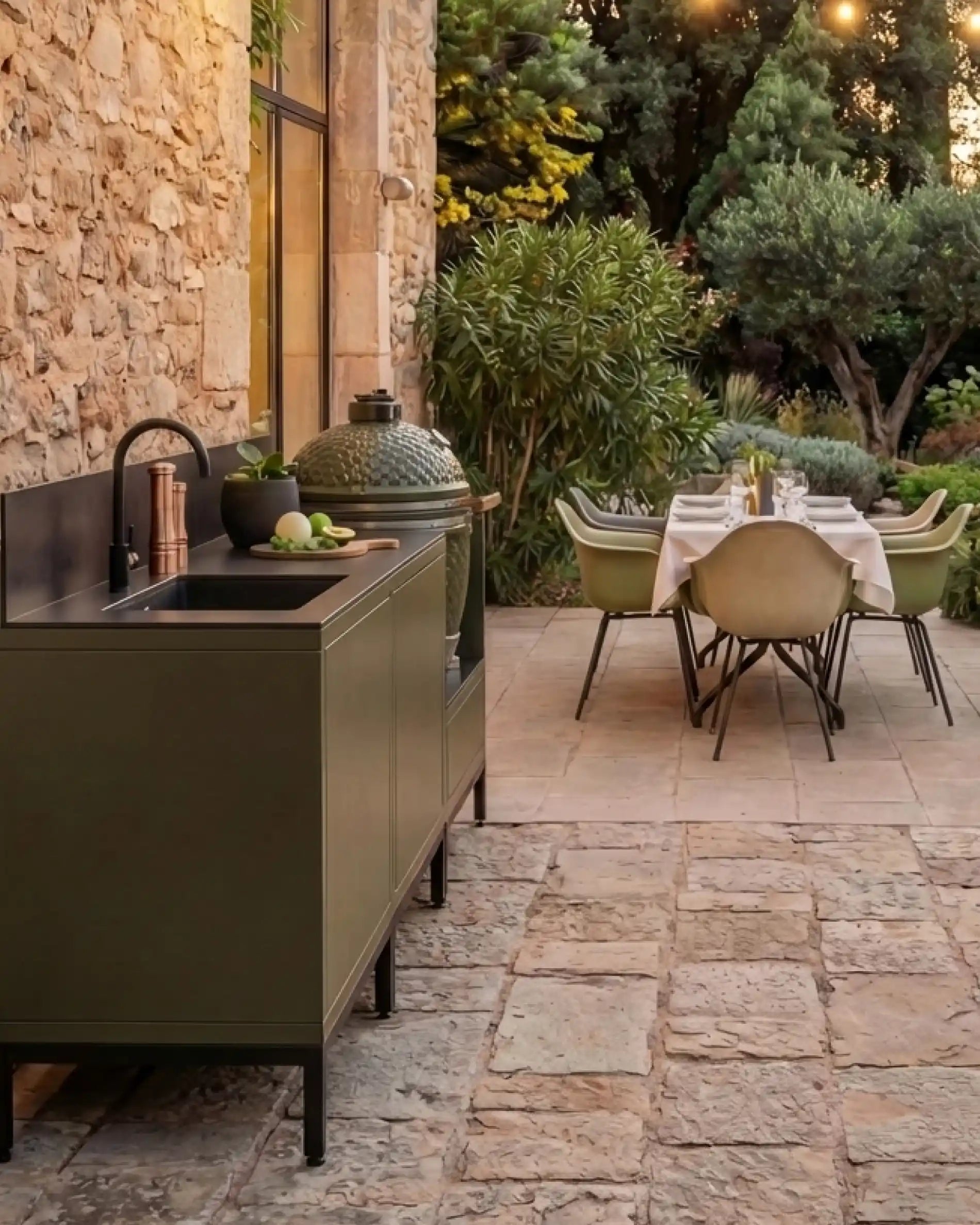 Cocina exterior Kokko Pilotis oliva con fregadero y zona de comedor exterior
