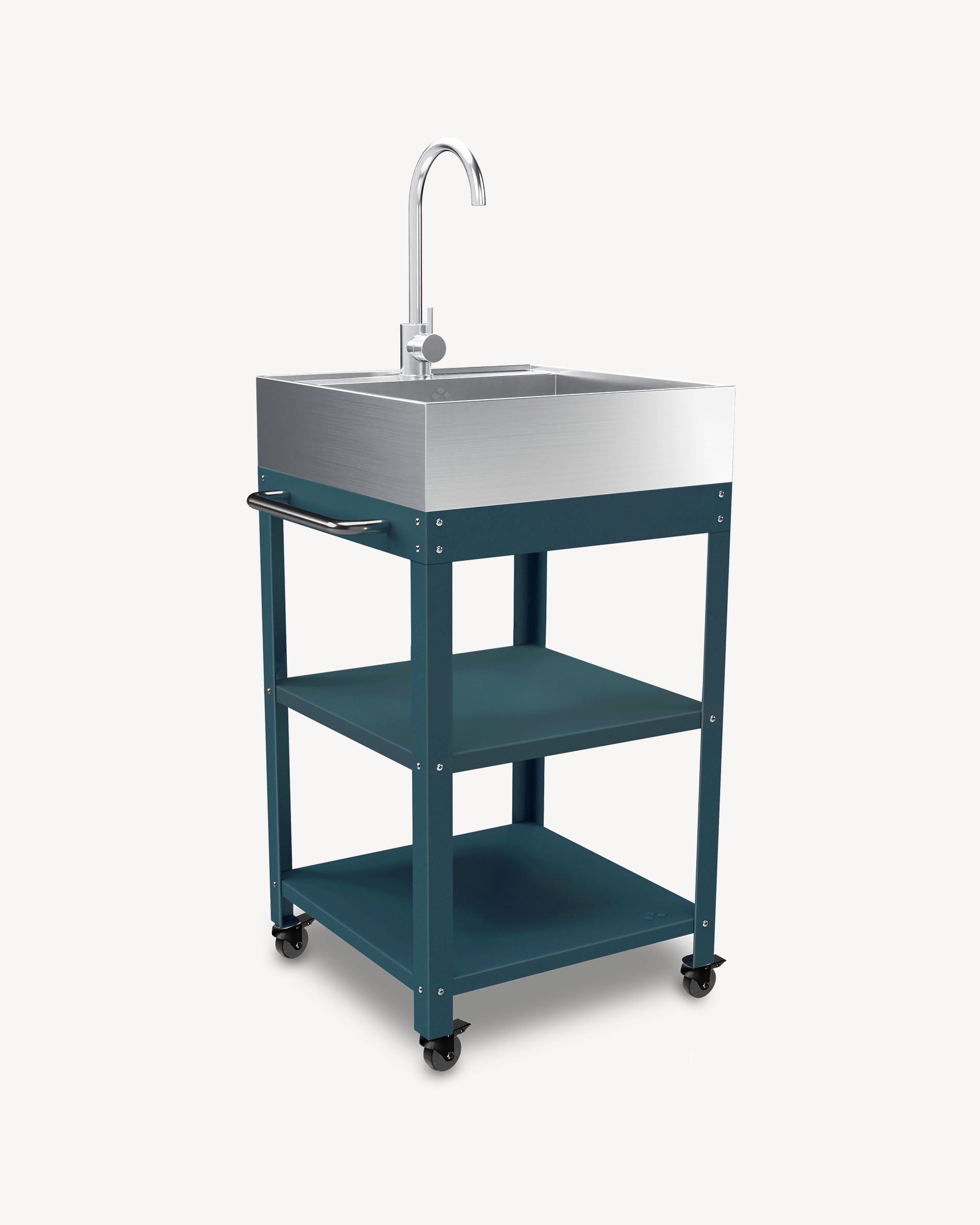Carro auxiliar de metal azul océano con fregadero de acero inoxidable