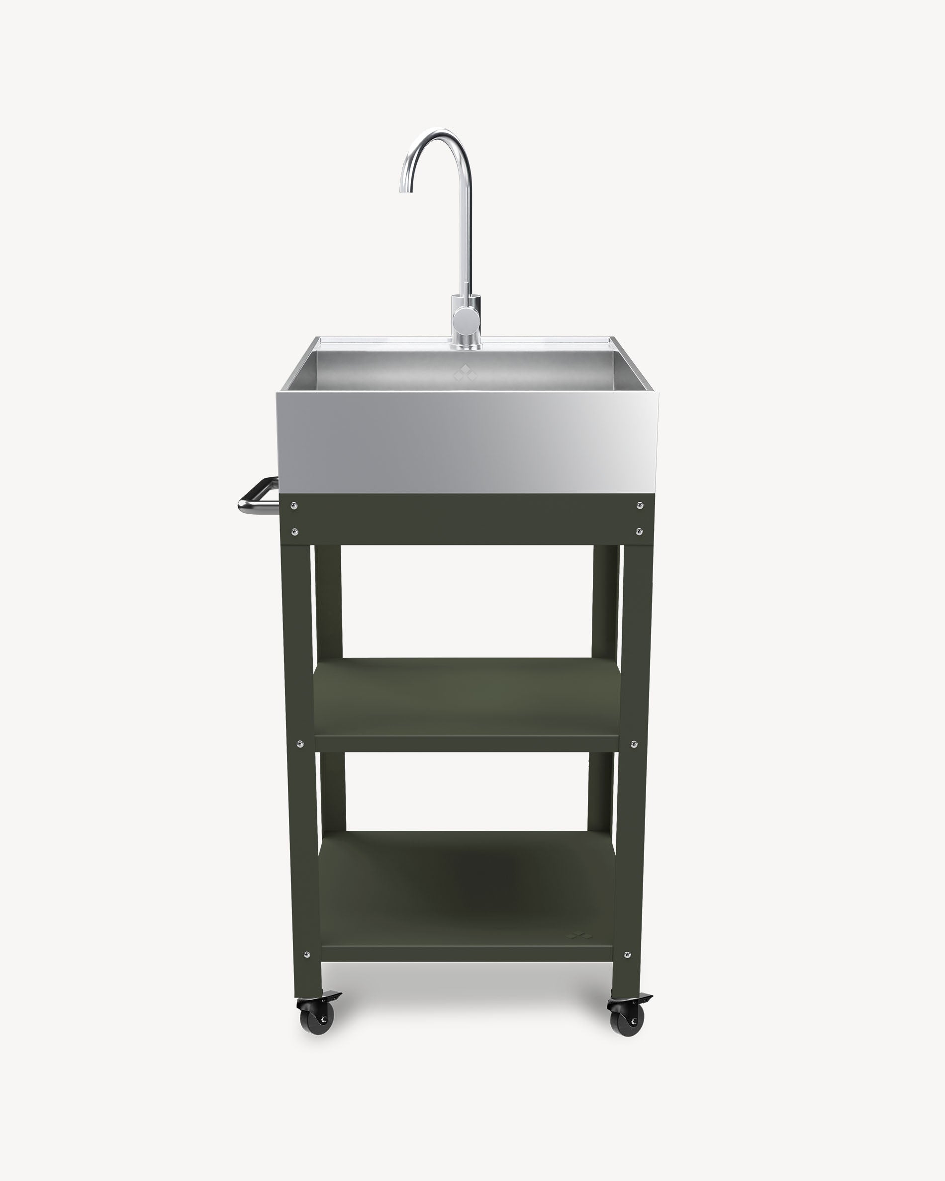 Carro auxiliar de metal verde oliva con fregadero de acero inoxidable