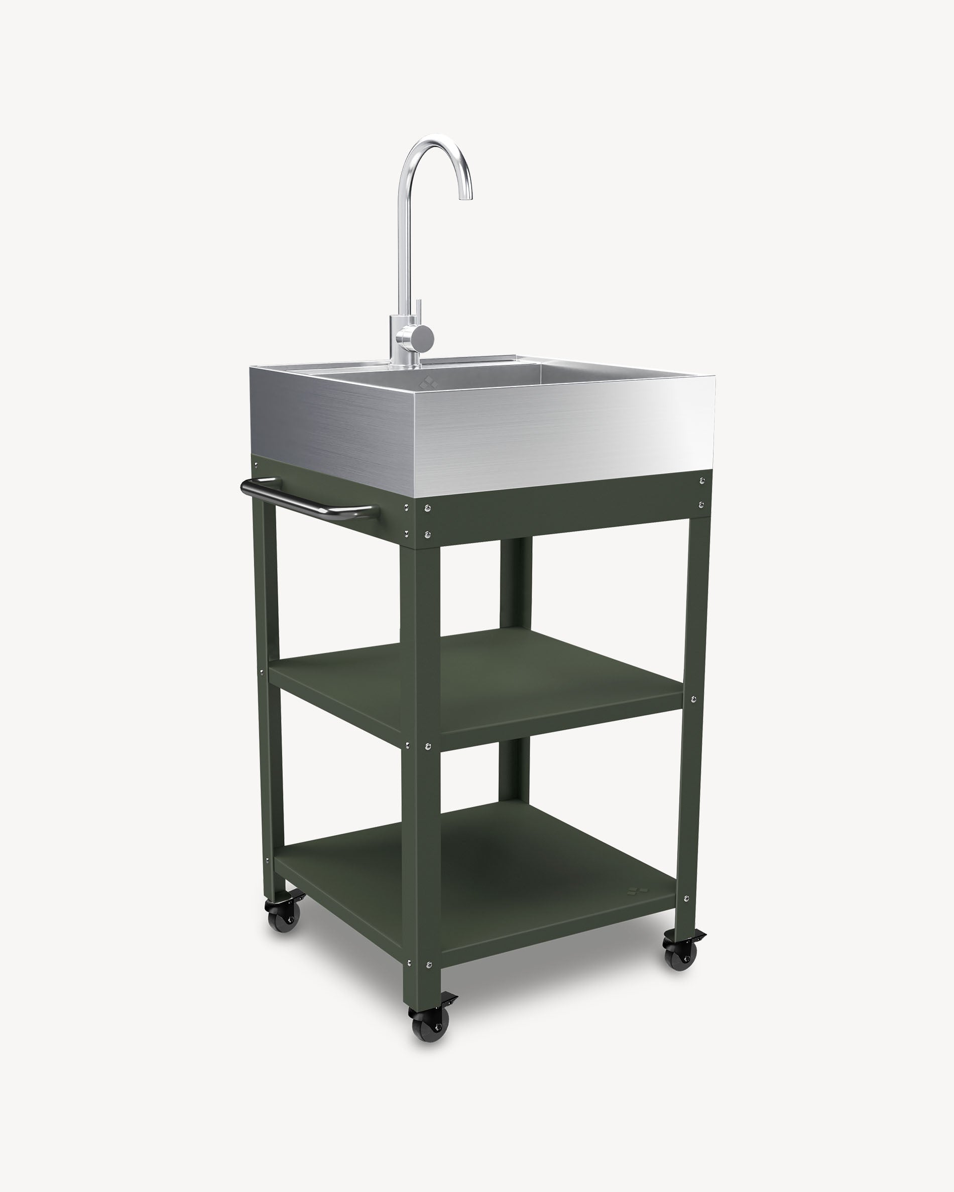 Carro auxiliar de metal verde oliva con fregadero de acero inoxidable