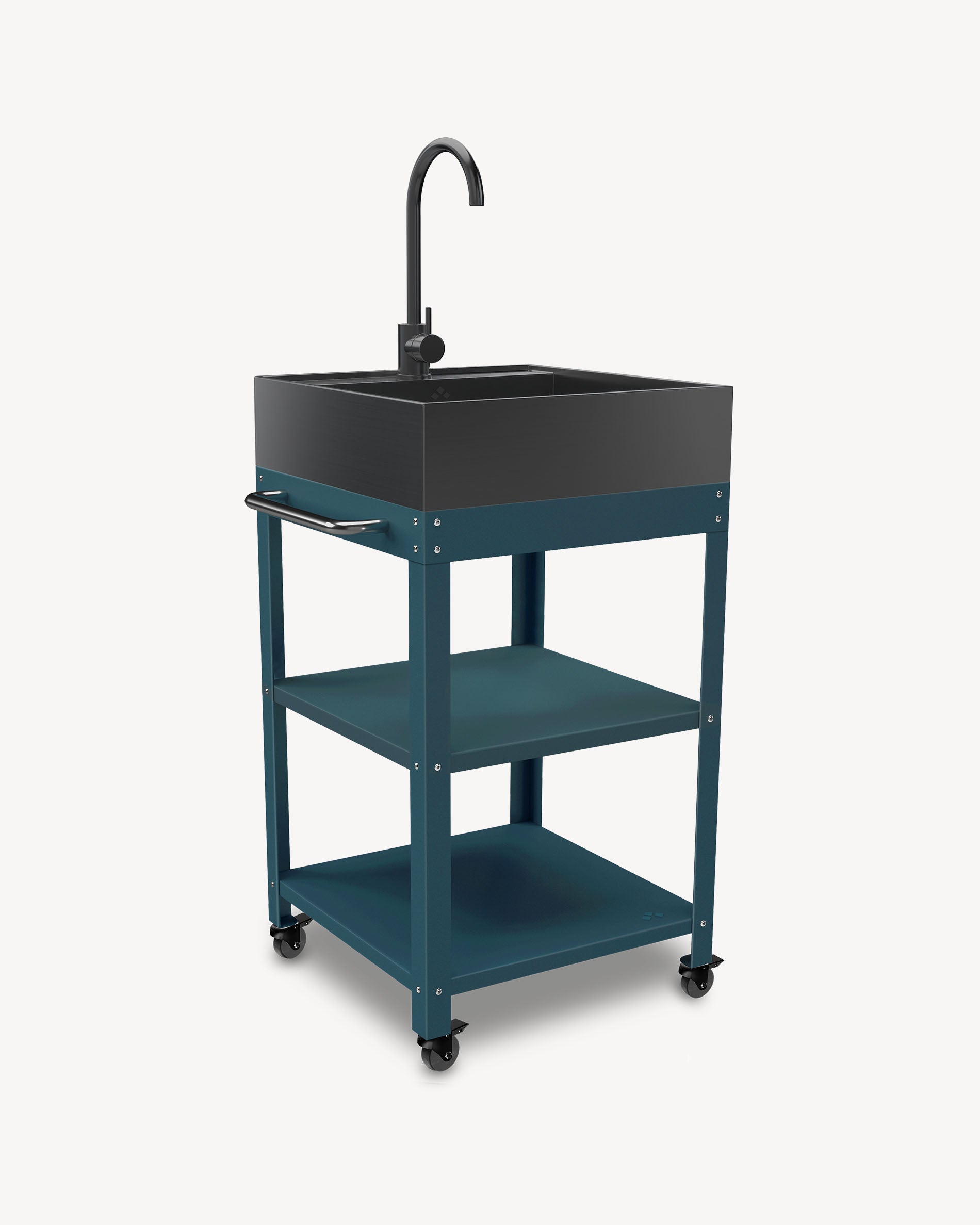 Carro auxiliar de metal azul océano con fregadero de acero inoxidable