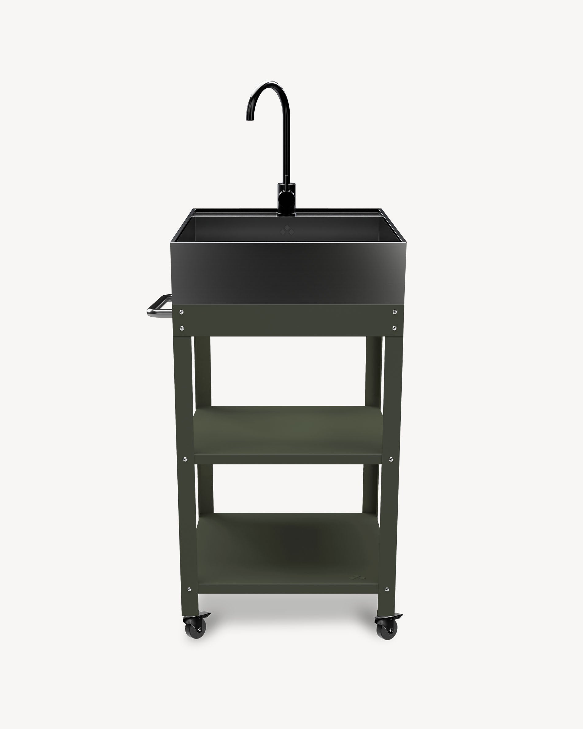 Carro auxiliar de metal verde oliva con fregadero de acero inoxidable