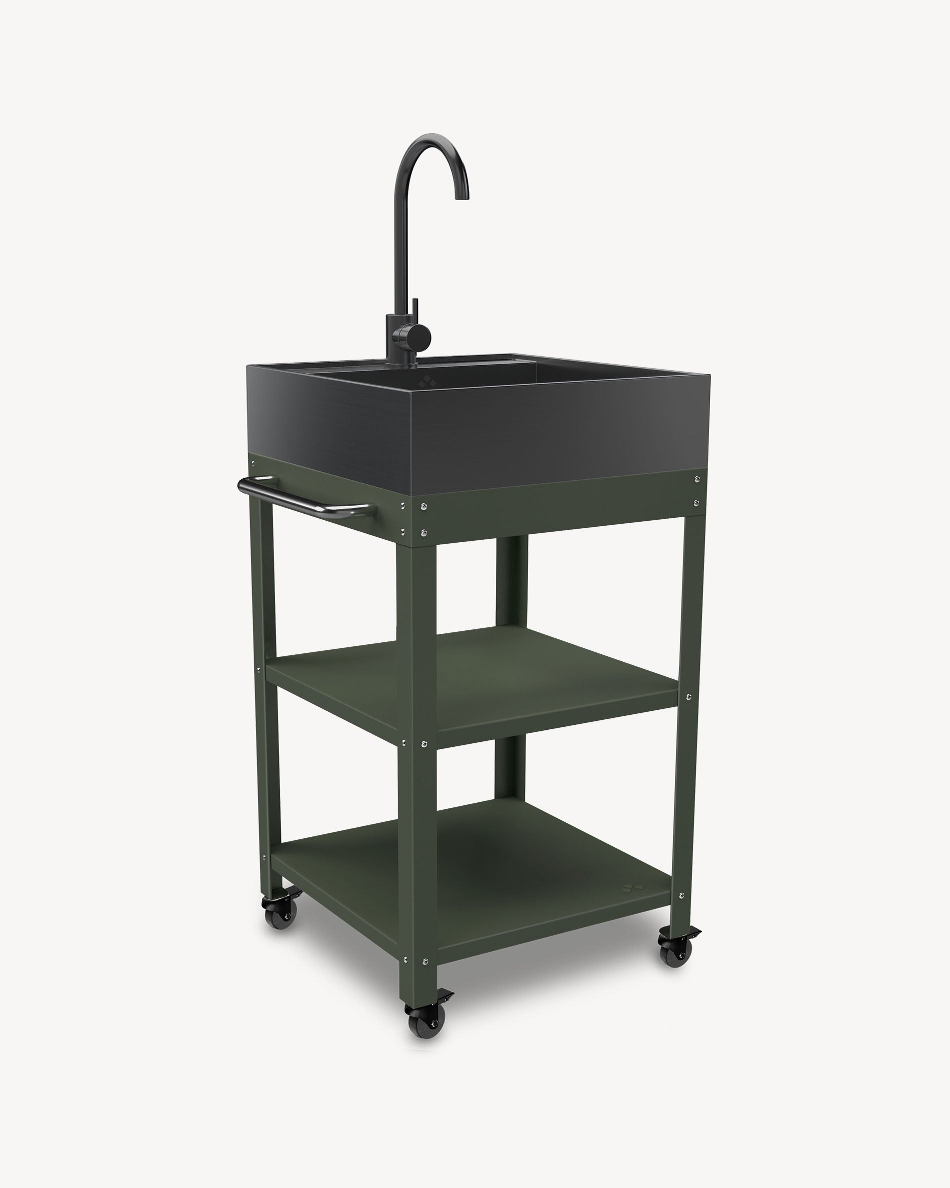 Carro auxiliar de metal verde oliva con fregadero de acero inoxidable