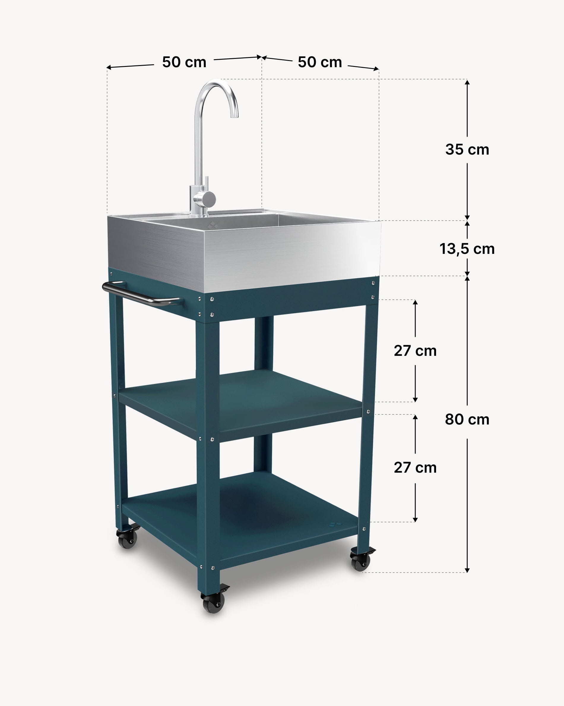 Dimensiones del mueble auxiliar metálico 50x50 con fregadero de acero inoxidable