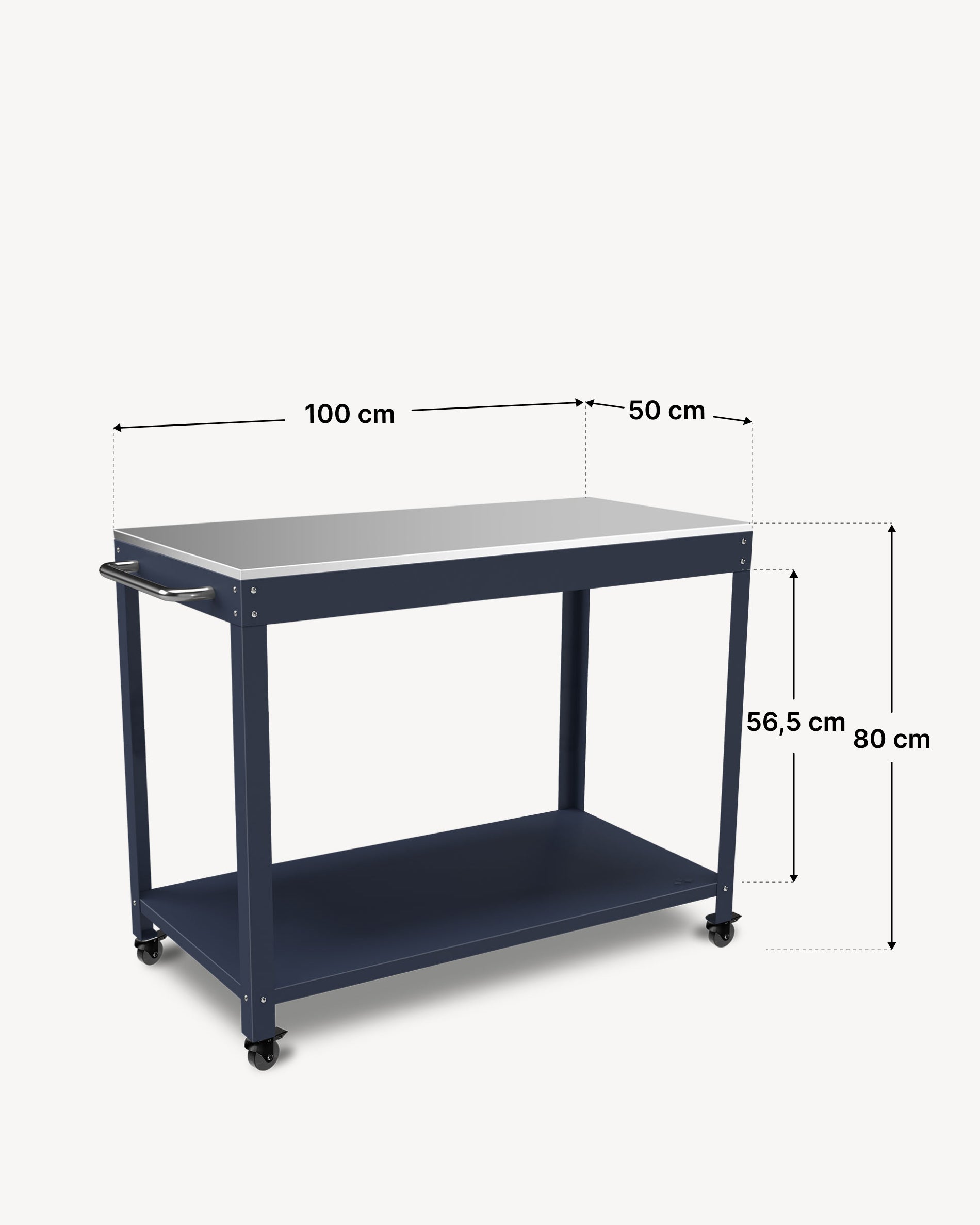Esquema de dimensiones de la mesa auxiliar metálica Kokko 100 × 50 cm, color navy.