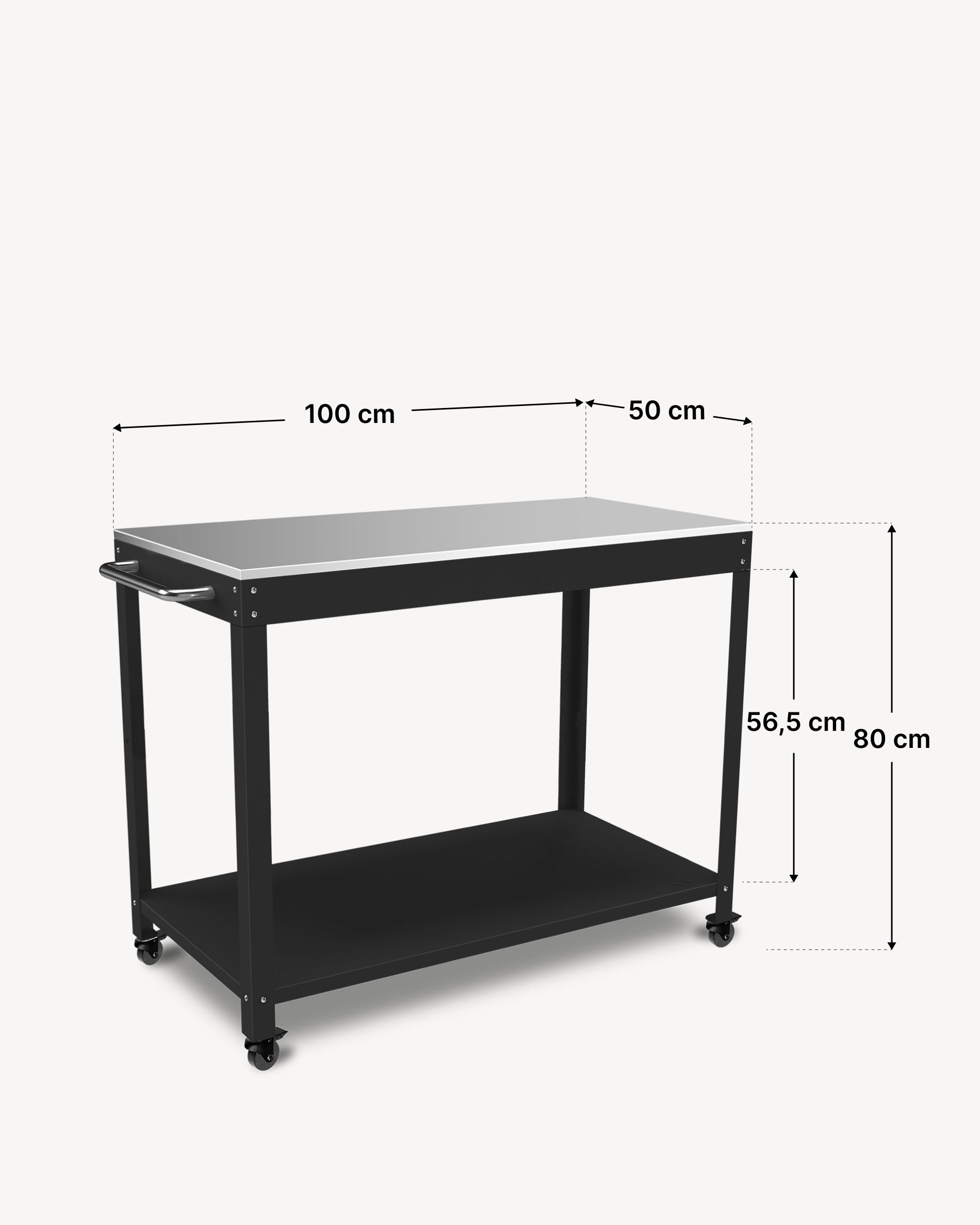 Esquema de las dimensiones de la mesa auxiliar metálica Kokko 100 × 50 cm, color negro.