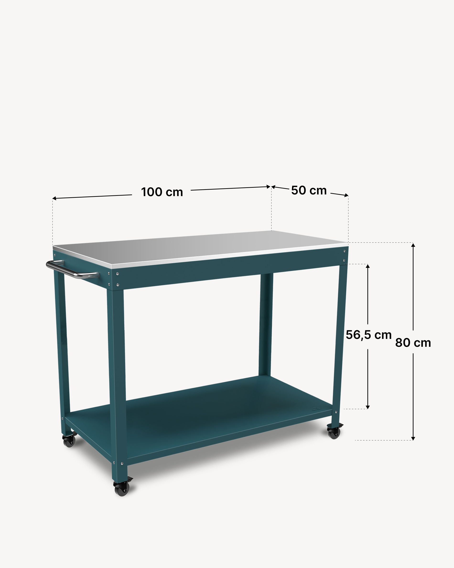 Esquema de dimensiones de la mesa auxiliar metálica Kokko 100 × 50 cm, color océano.