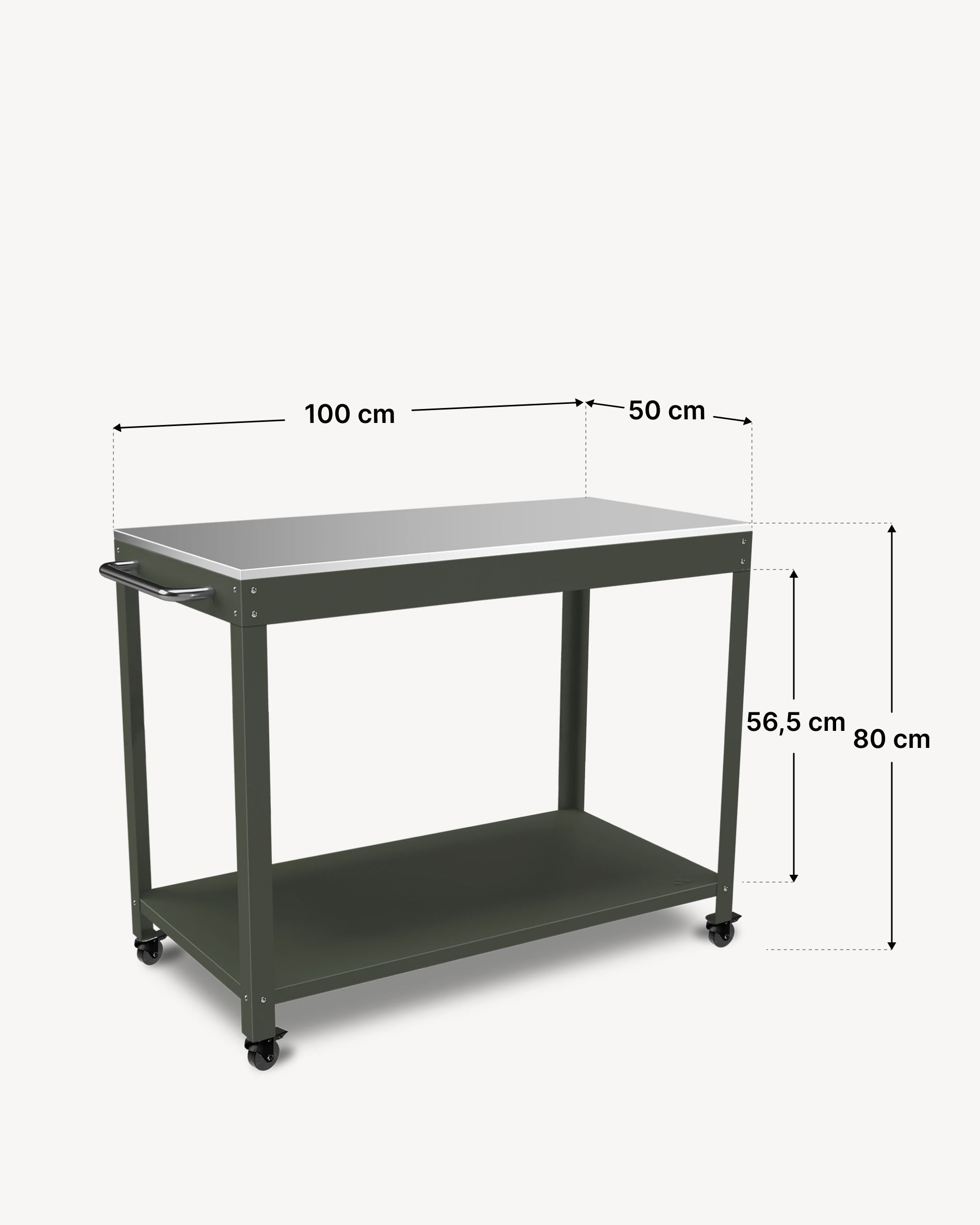 Esquema de las dimensiones de la mesa auxiliar metálica Kokko 100 × 50 cm, color oliva.