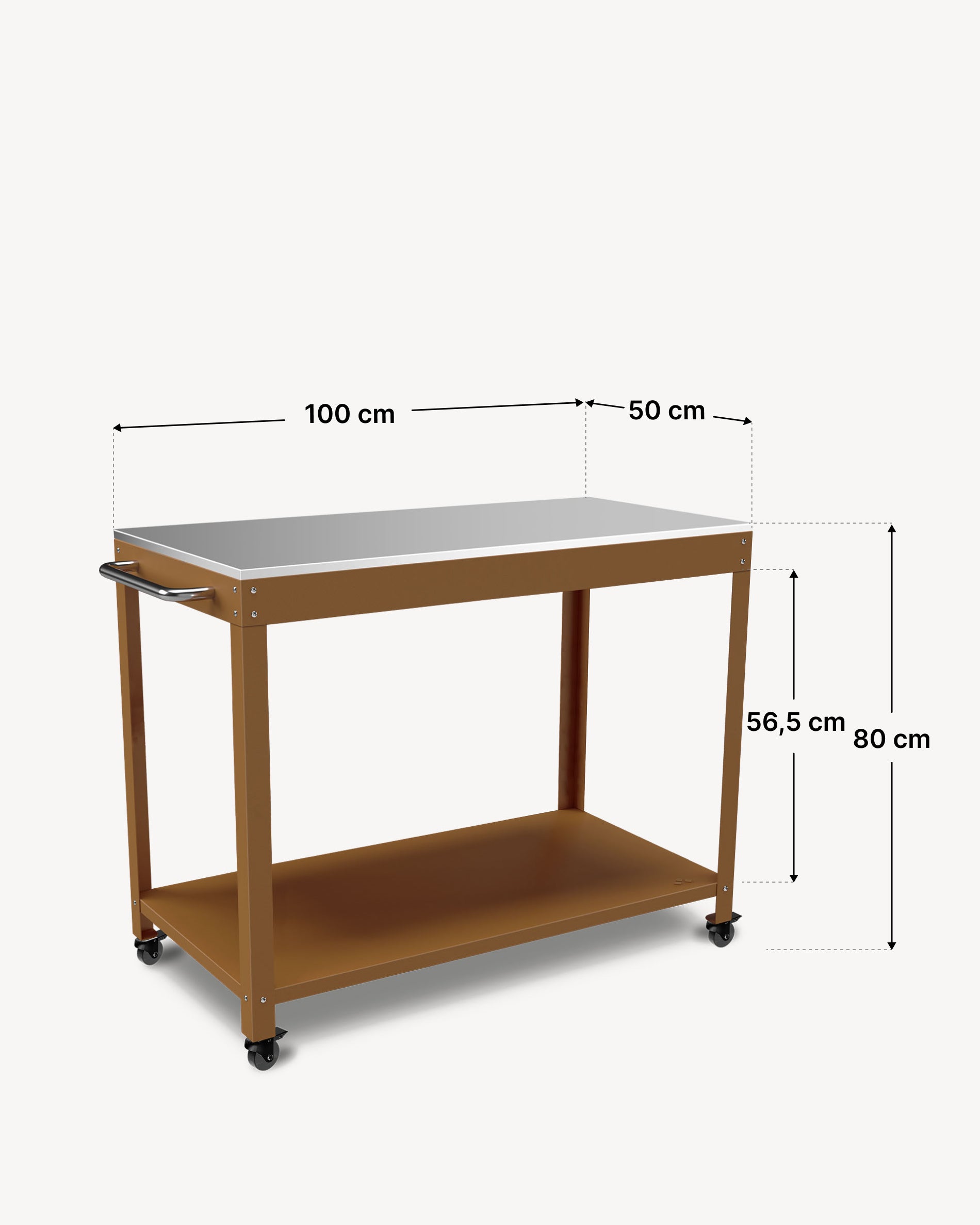 Esquema de dimensiones de la mesa auxiliar metálica Kokko 100 × 50 cm, color siena.