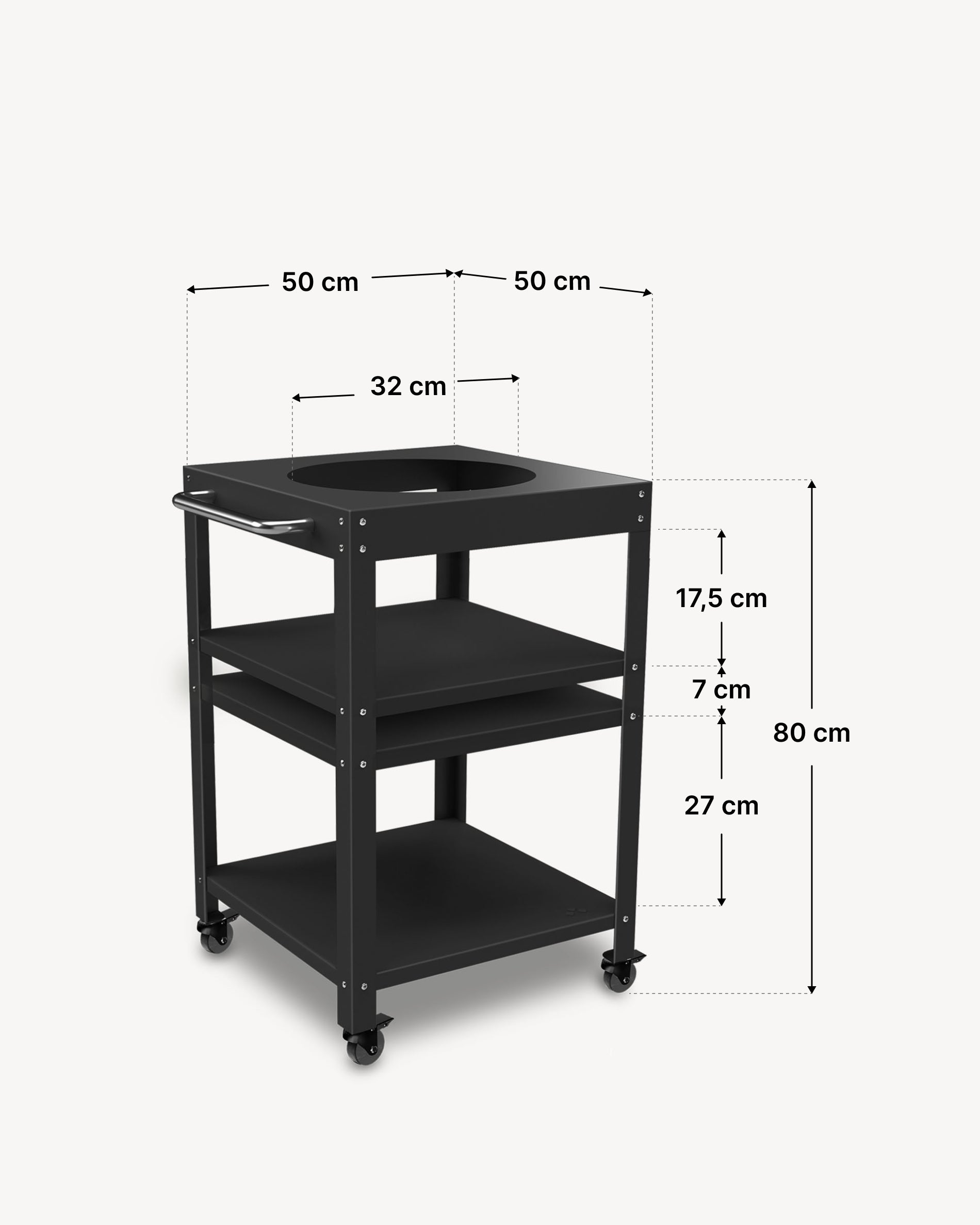 Dimensiones del carrito metálico 50 × 50 cm para Kokko 13, color negro.