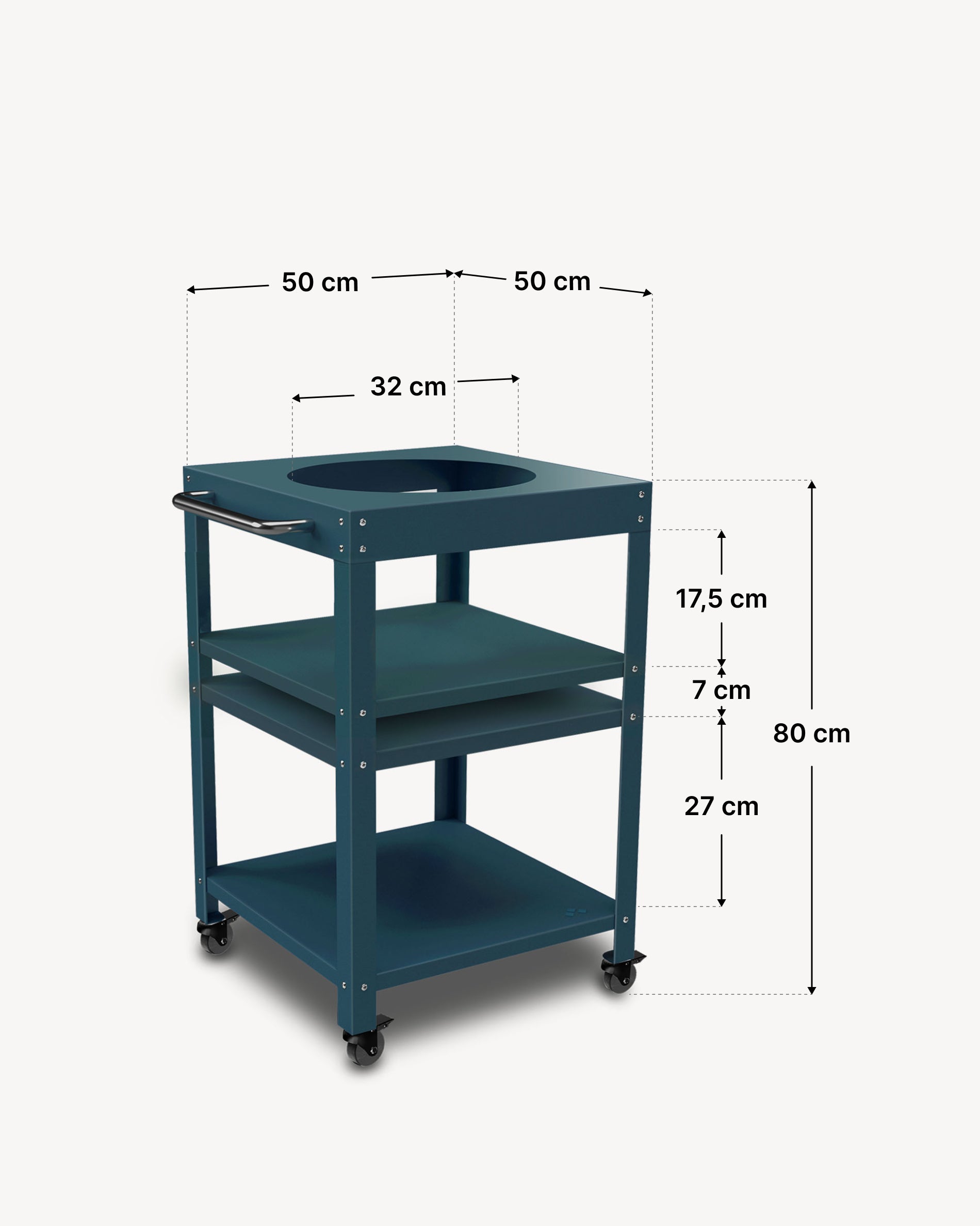 Dimensiones del carrito metálico 50 × 50 cm para Kokko 13, color azul océano.