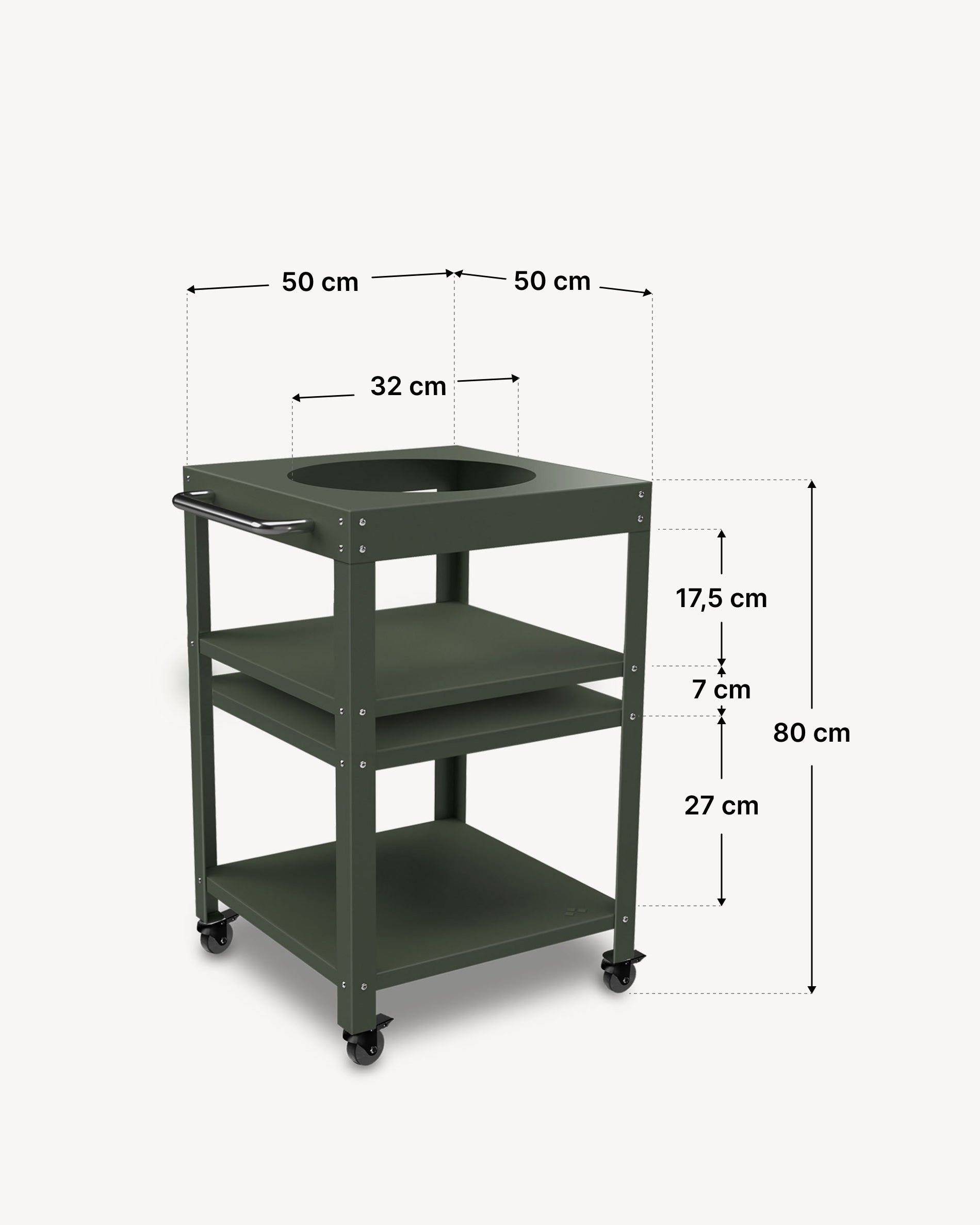 Dimensiones de la mesa auxiliar de metal 50 × 50 cm para Kokko 13, color verde oliva.