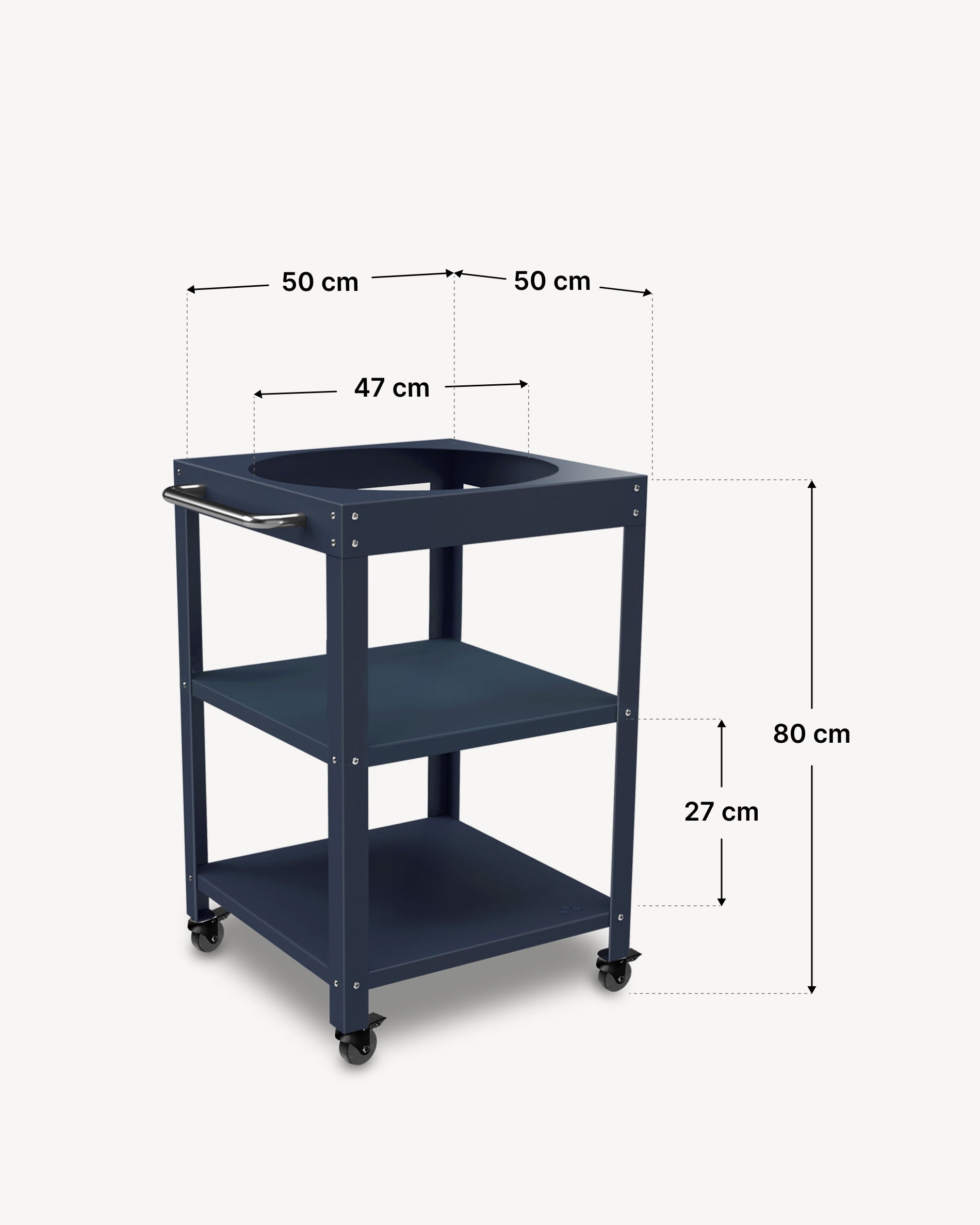 Dimensiones de la mesa auxiliar de metal 50 × 50 cm para Kokko 18, color azul navy.