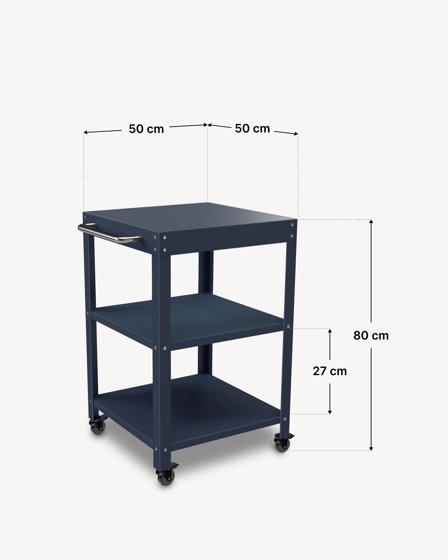 Dimensiones del mueble auxiliar metálico con estantes de 50 × 50 cm.