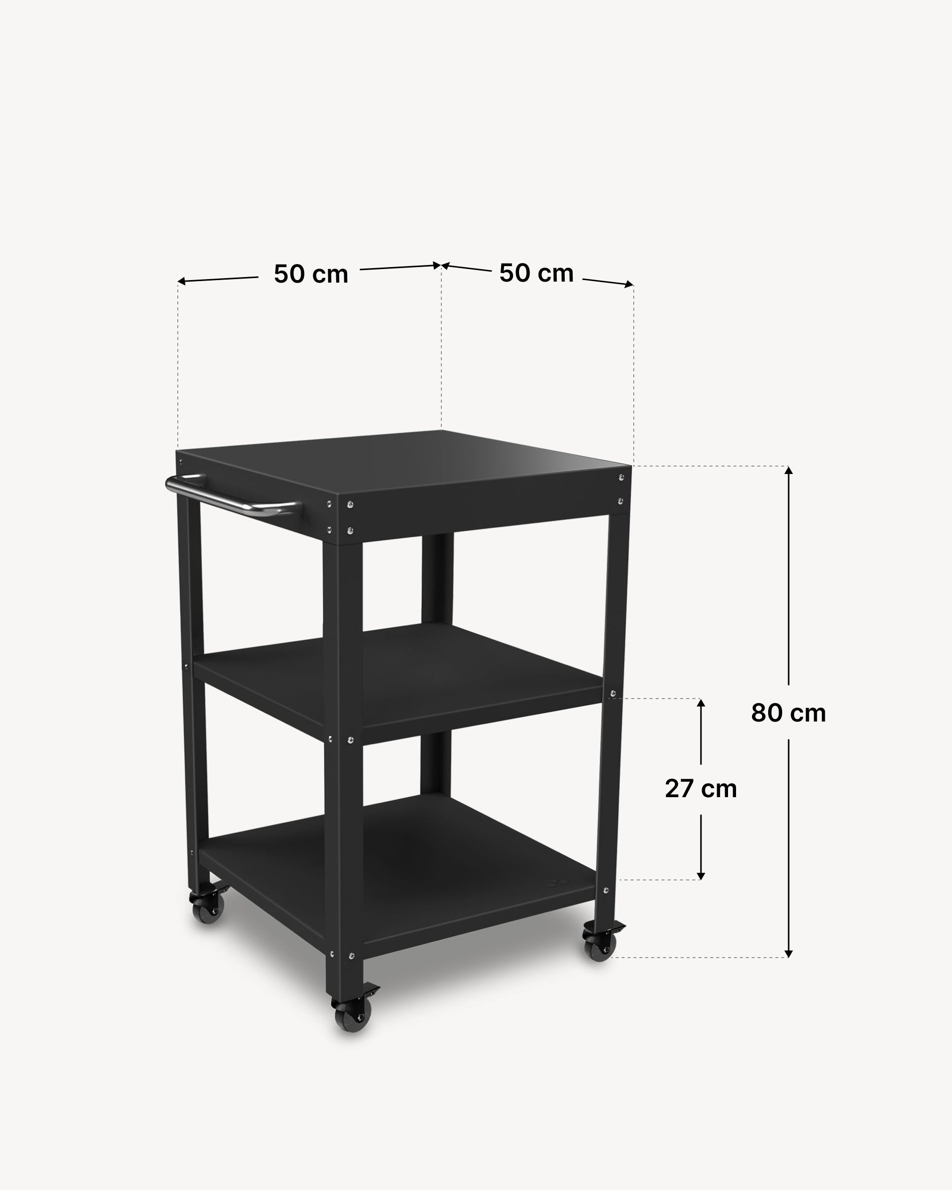 Dimensiones del carrito auxiliar de metal con estantes de 50 × 50 cm.