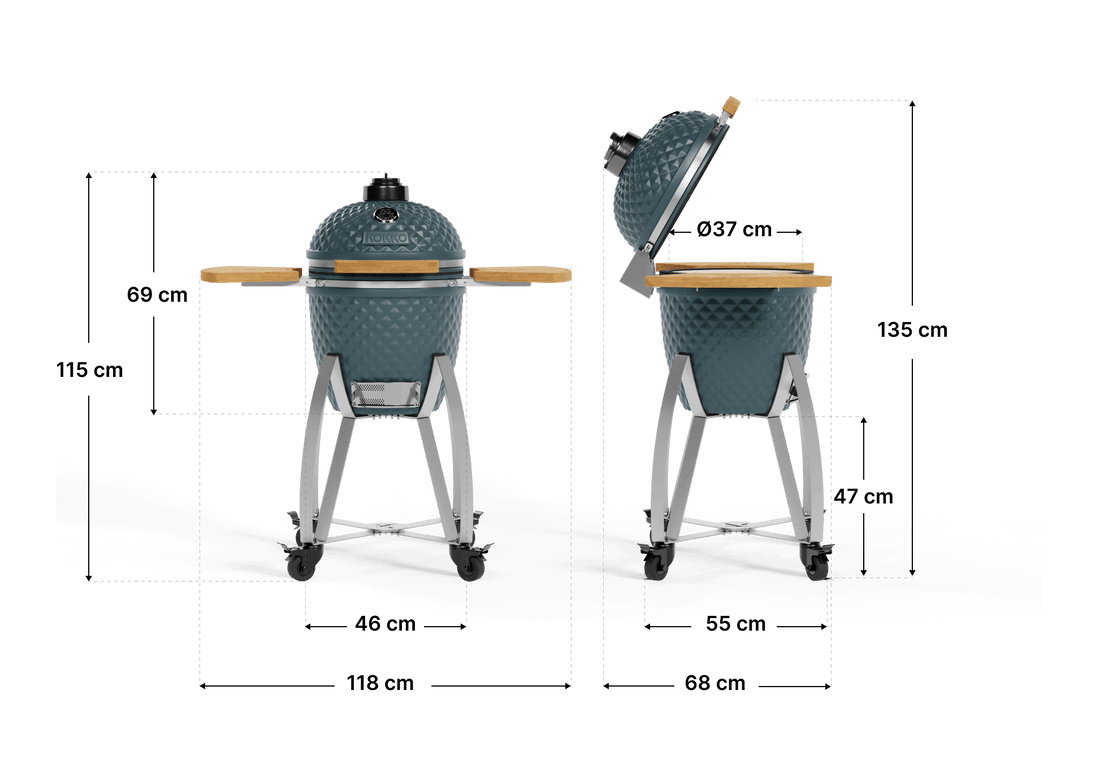 Esquema de las dimensiones del kamado Kokko de 18 pulgadas, mostrando las medidas generales del kamado para su instalación y diseño en exteriores.