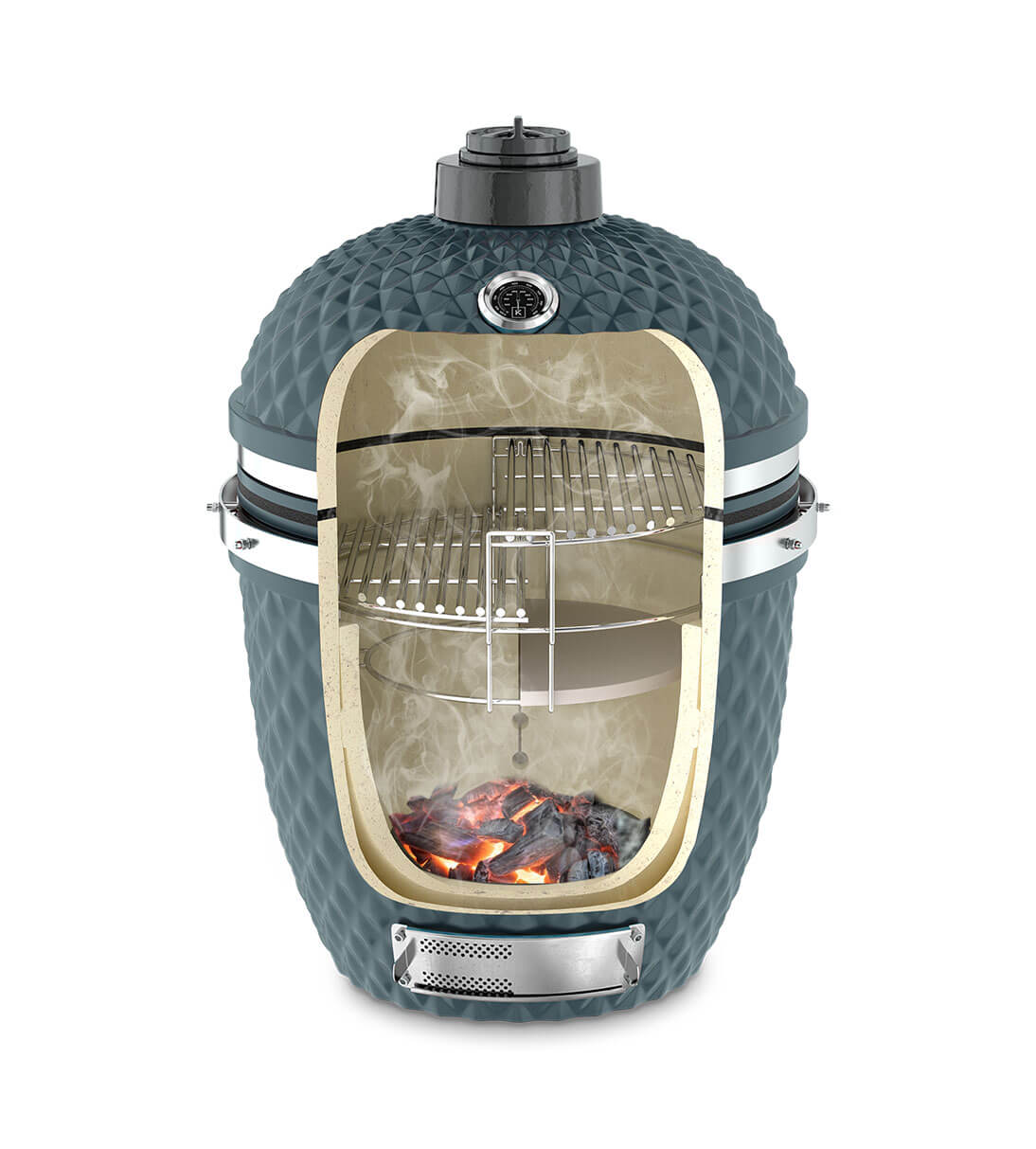 Coupe verticale d'un kamado Kokko bleu océan