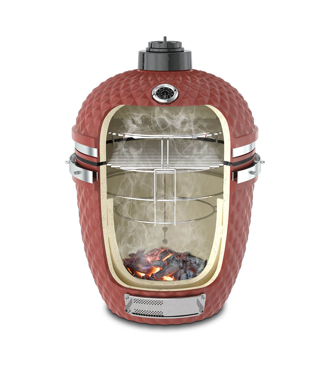 Coupe verticale d'un kamado Kokko rouge oxyde