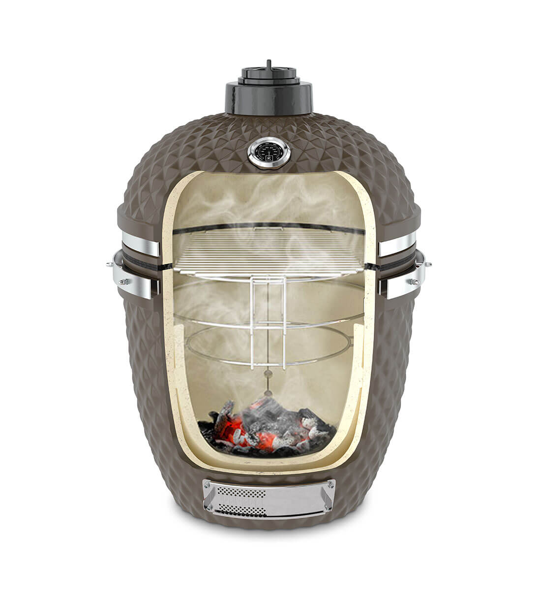 Coupe verticale d'un kamado Kokko vert olive