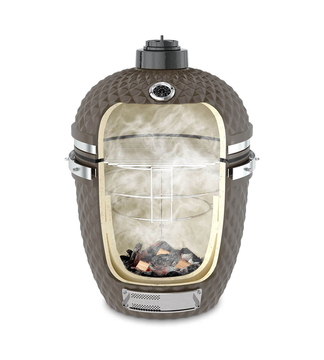 Coupe verticale d'un kamado Kokko vert olive