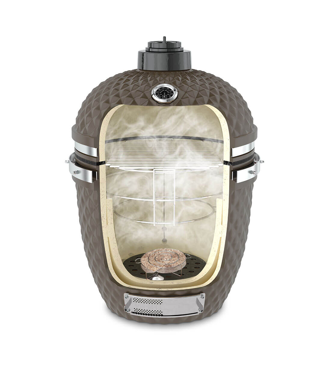 Coupe verticale d'un kamado Kokko vert olive avec serpentin de fumage à froid