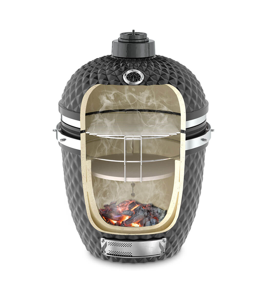 Coupe verticale d'un kamado Kokko noir profond