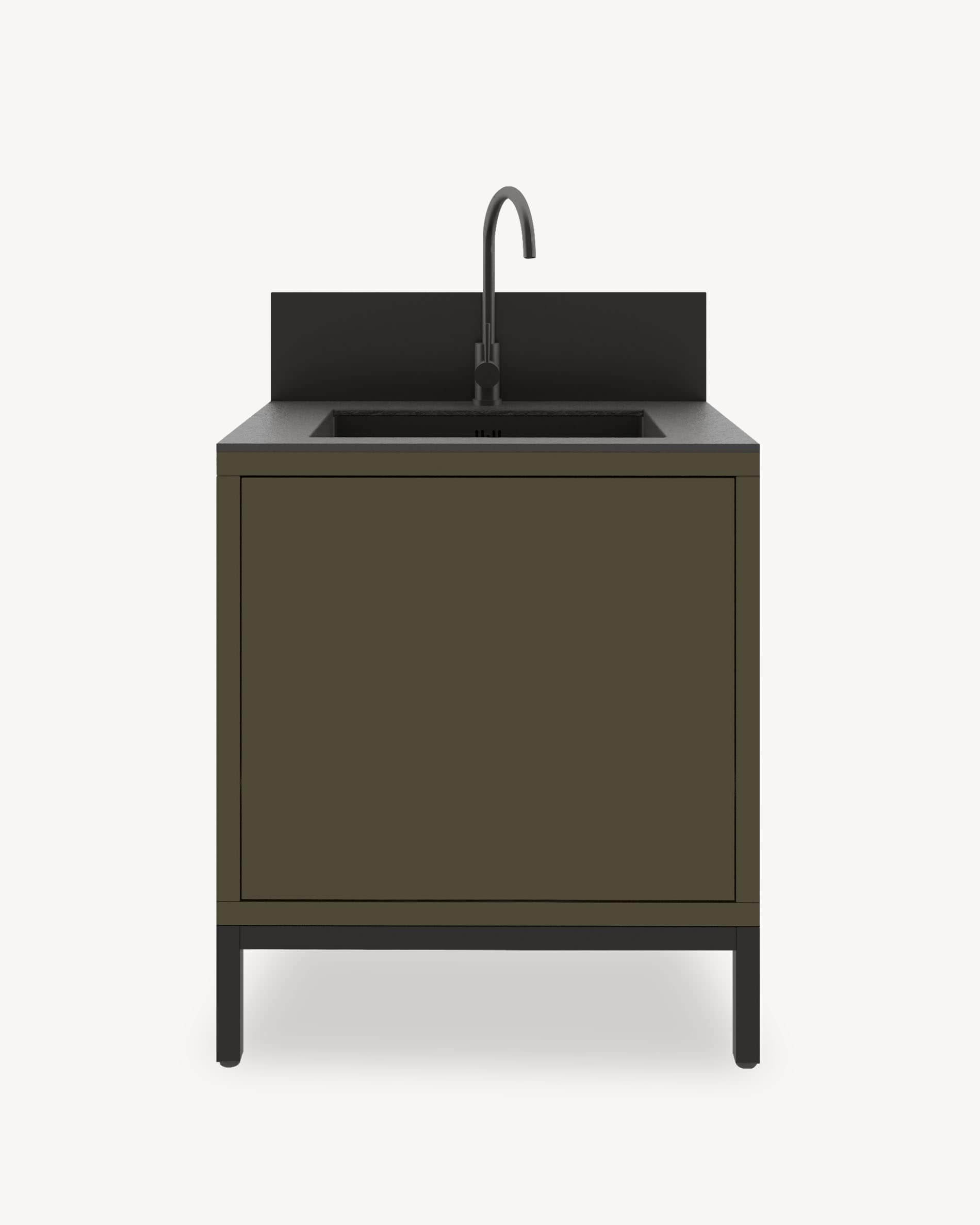 Módulo de cocina pilotis con fregadero integrado, mueble en color verde oliva con almacenamiento cerrado, encimera oscura y panel protector integrado.