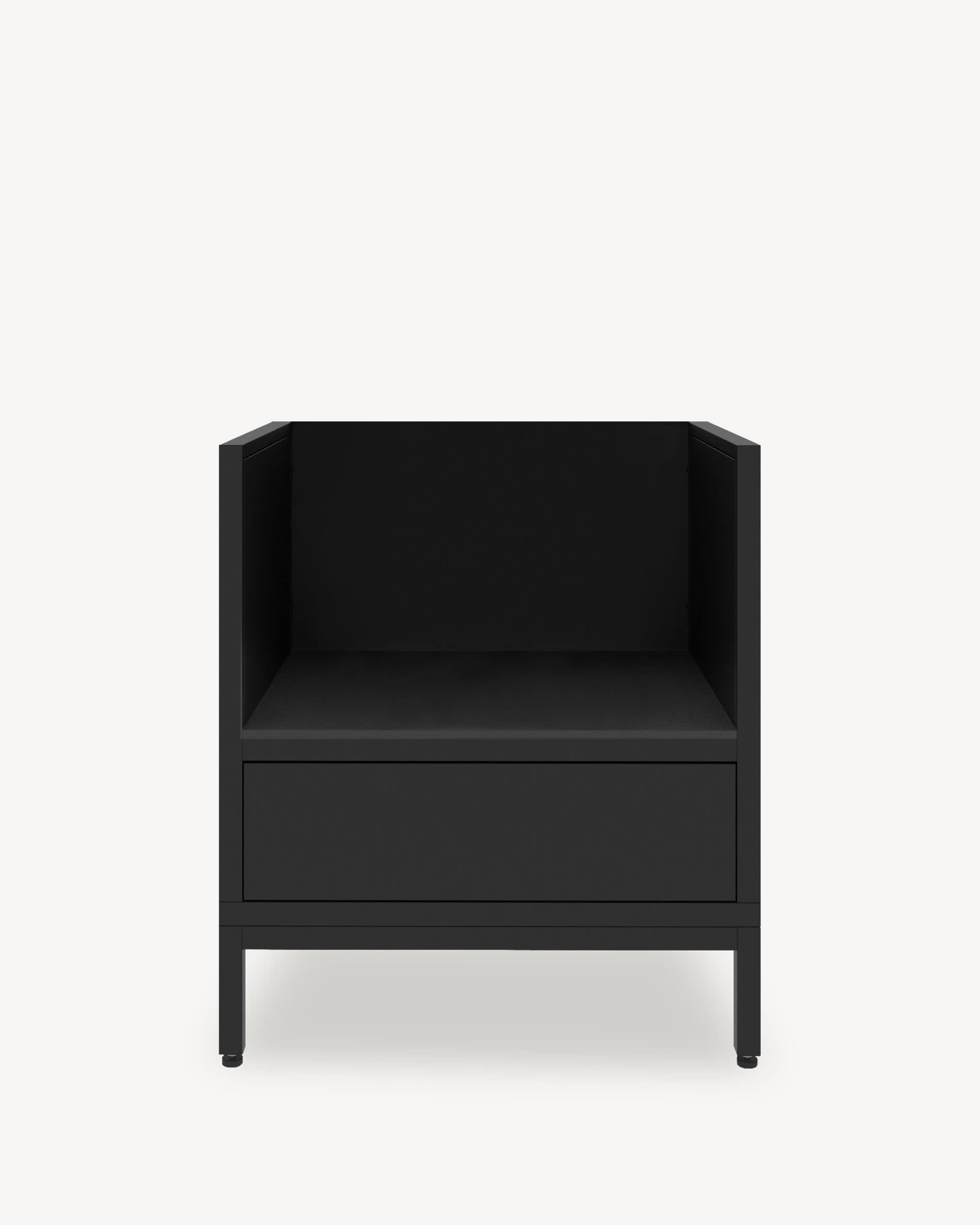 Módulo de cocina pilotis para kamado, mueble negro con almacenamiento cerrado, encimera oscura y paneles laterales integrados.