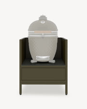 Módulo de cocina pilotis para kamado, mueble en color verde oliva con almacenamiento cerrado, superficie de trabajo oscura y paneles laterales integrados.