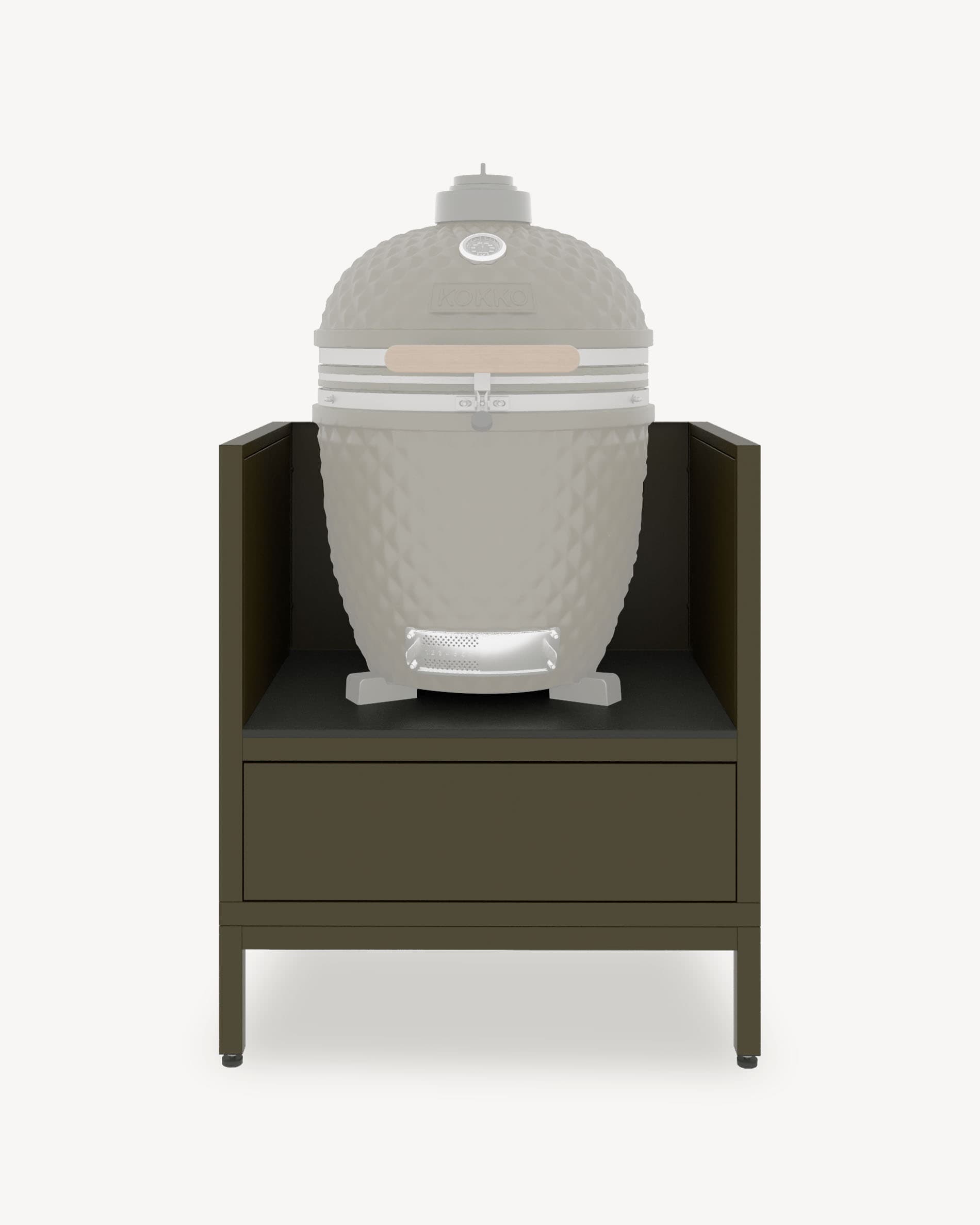 Módulo de cocina pilotis para kamado, mueble en color verde oliva con almacenamiento cerrado, superficie de trabajo oscura y paneles laterales integrados.