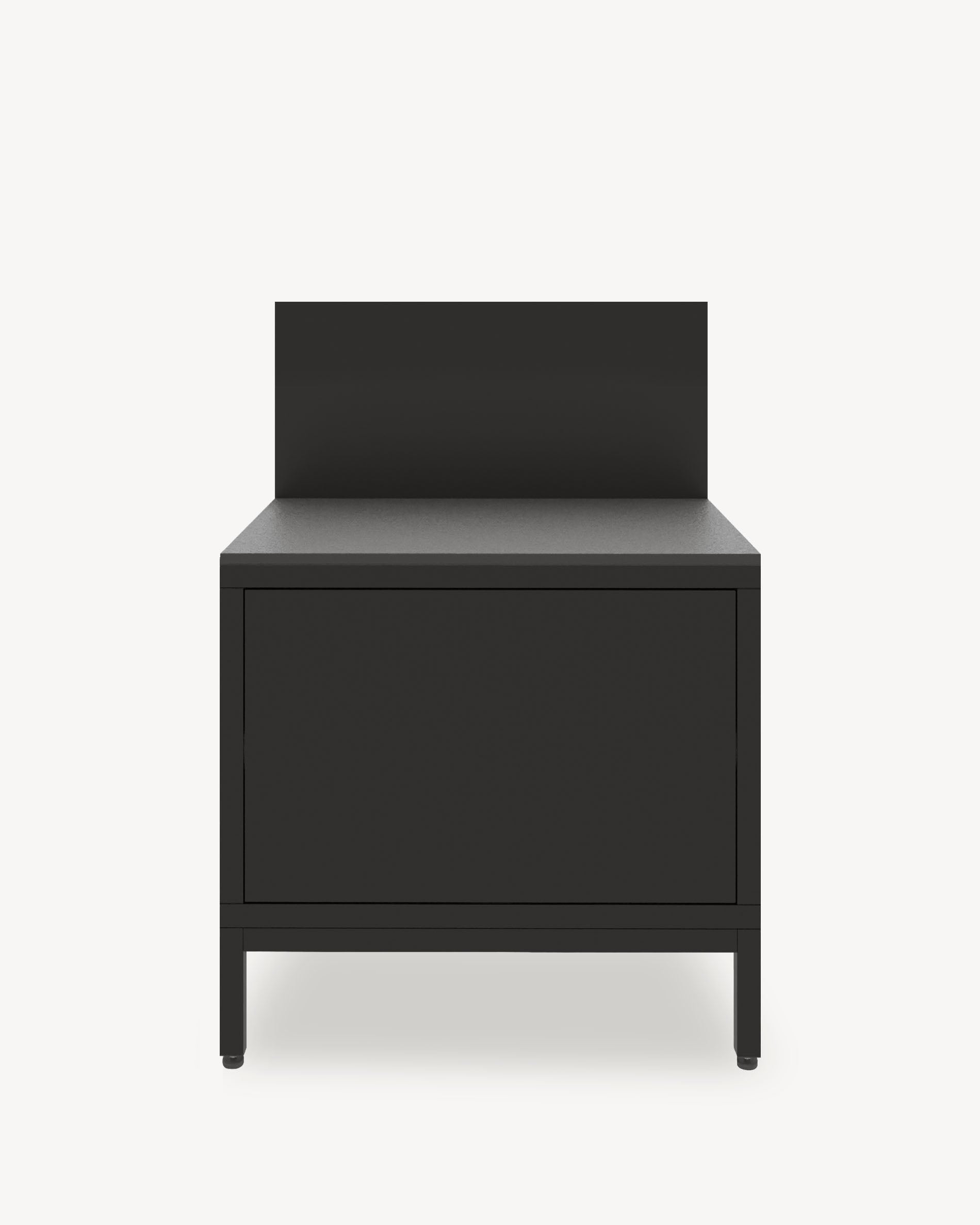 Módulo de cocina pilotis para plancha, frontal en color negro, almacenamiento cerrado, encimera y salpicadero integrados.