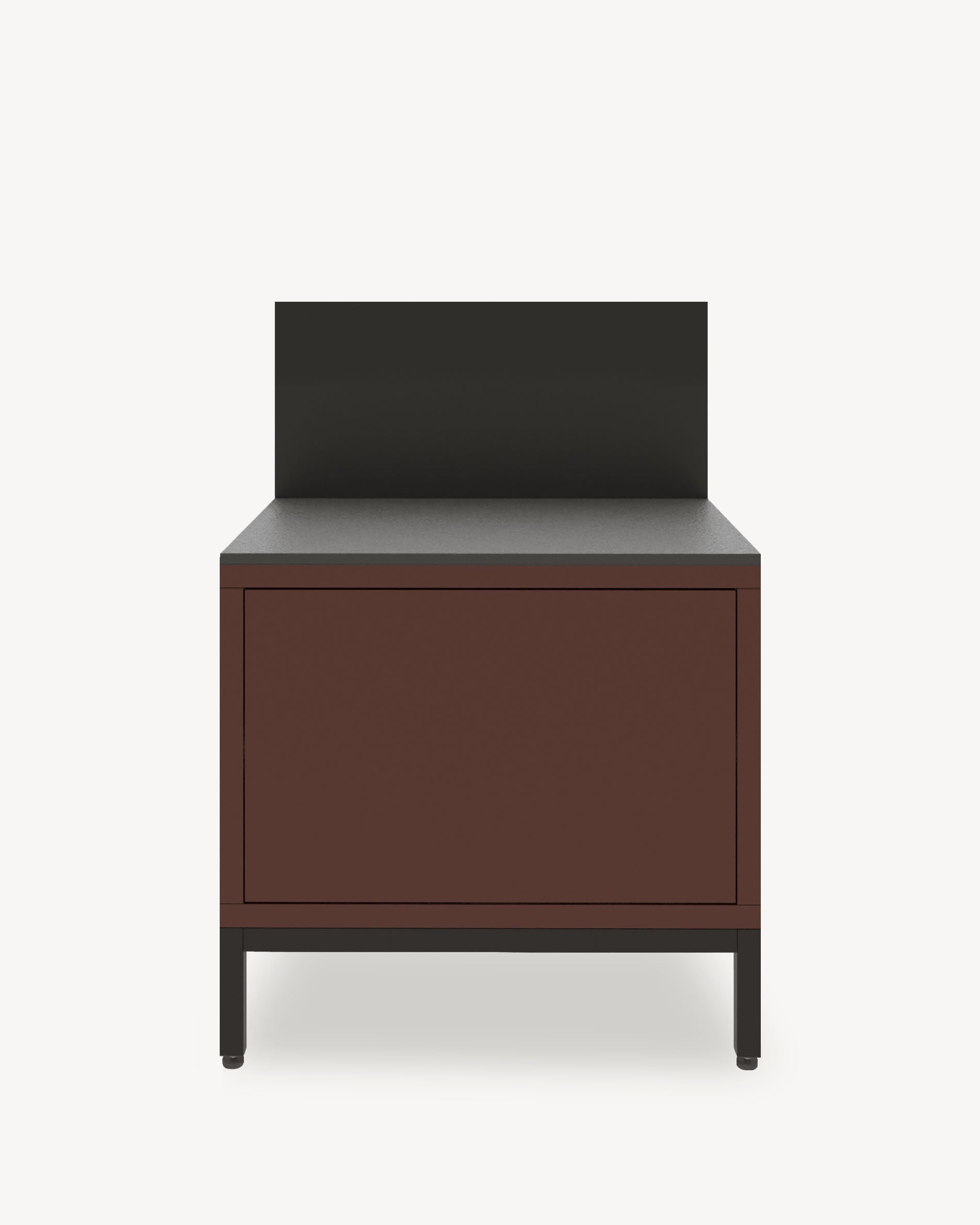 Módulo de cocina pilotis para plancha, frontal color marrón óxido, almacenamiento cerrado, encimera y salpicadero integrados.