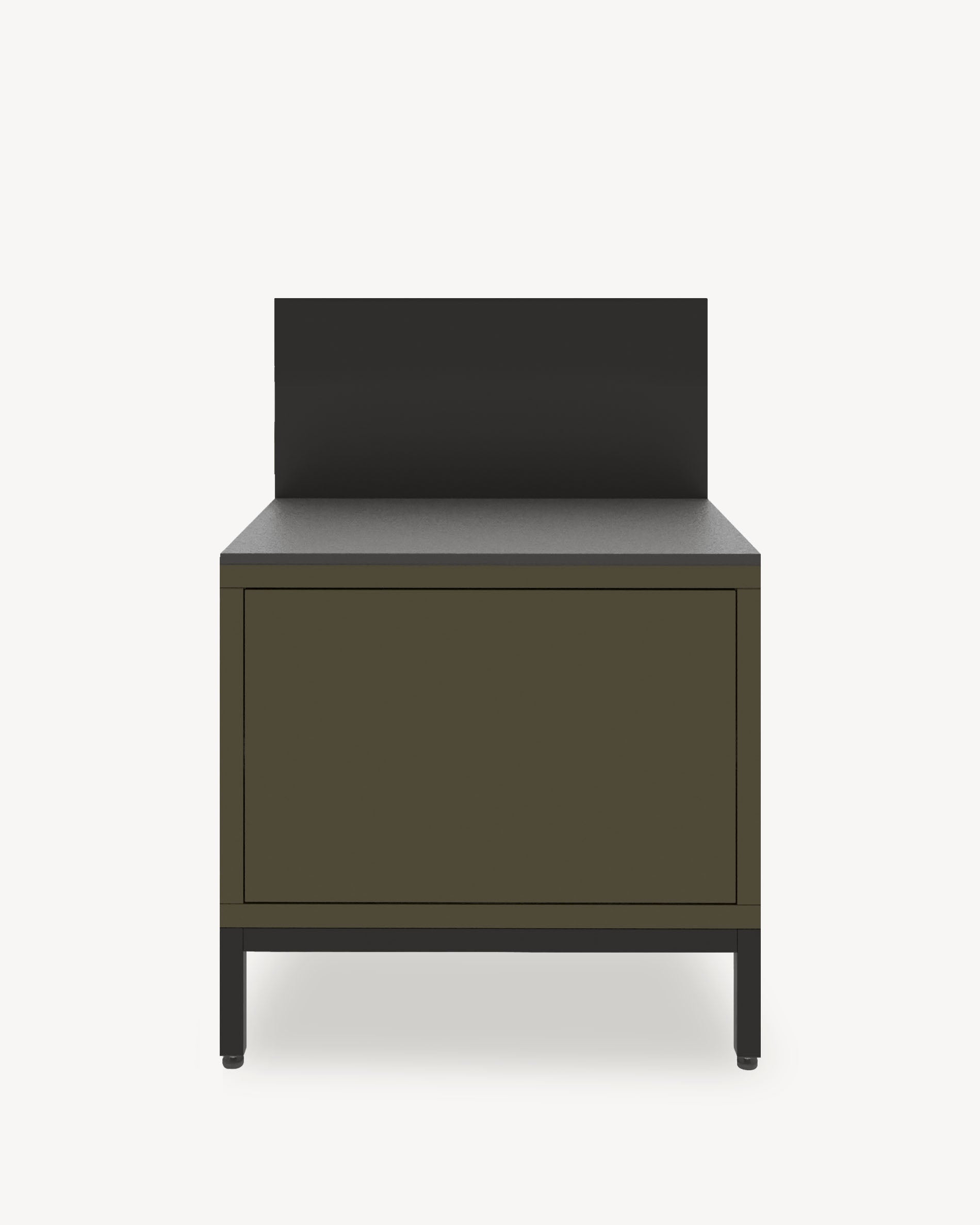 Módulo de cocina pilotis para plancha, frontal en color verde oliva, almacenamiento cerrado, encimera y salpicadero integrados.