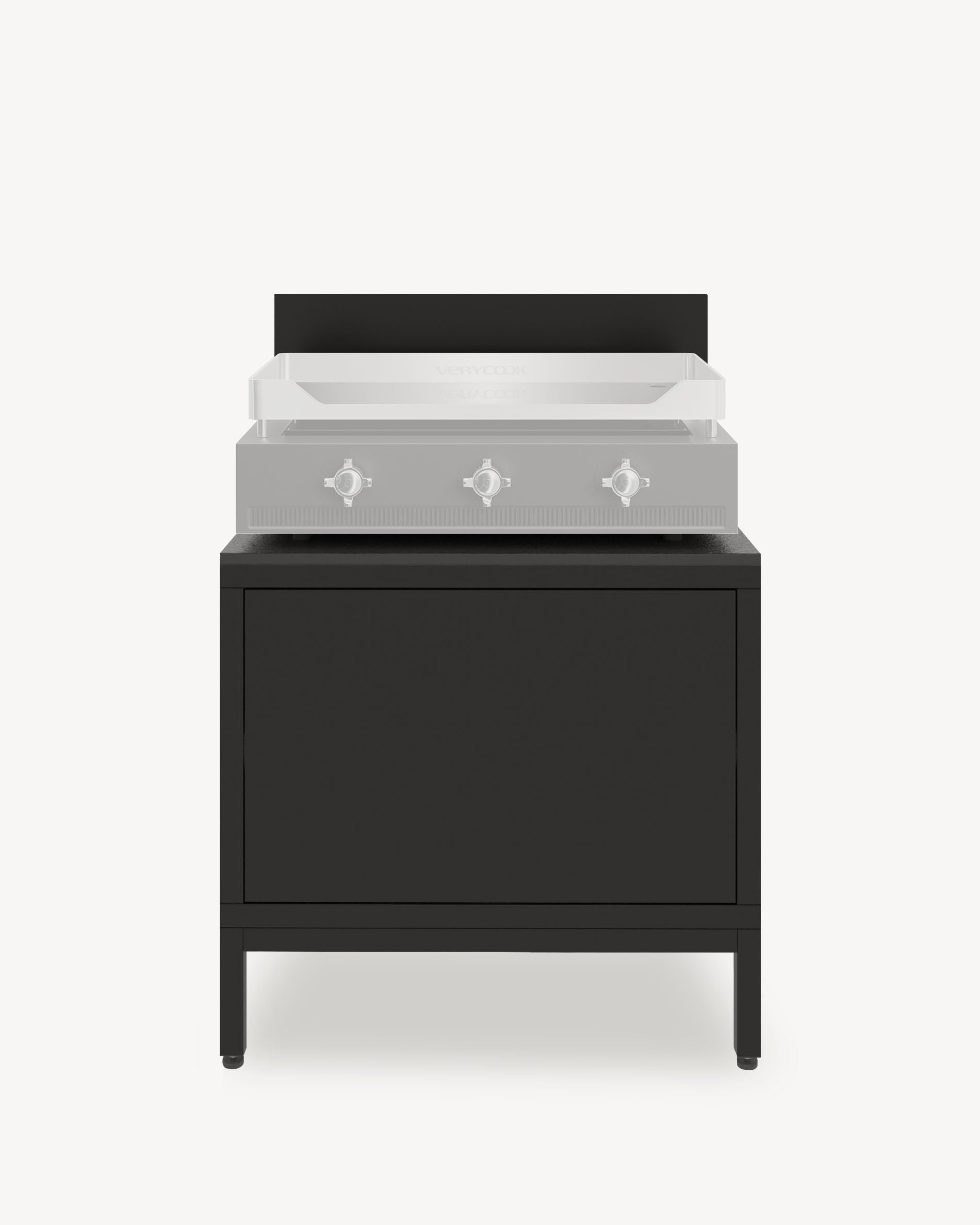 Módulo de cocina pilotis para plancha, mueble negro con almacenamiento cerrado, superficie de trabajo oscura y panel protector integrado.