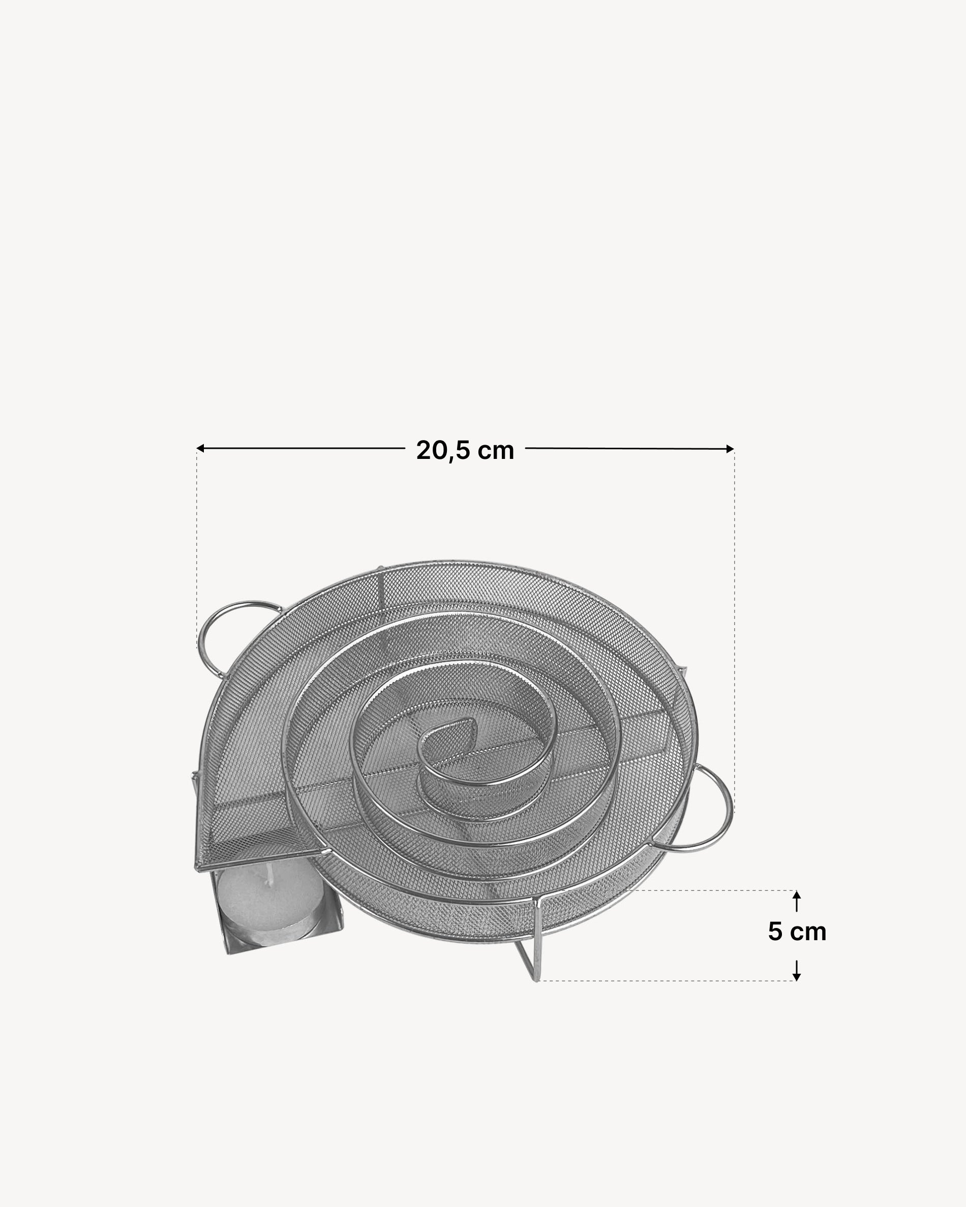 Serpentín de ahumado en frío de acero inoxidable con estructura de rejilla circular, equipado con asas laterales y un espacio para encendedor de ahumado, presentado con un esquema de dimensiones que indica un diámetro de 20,5 cm y una altura de 5 cm.