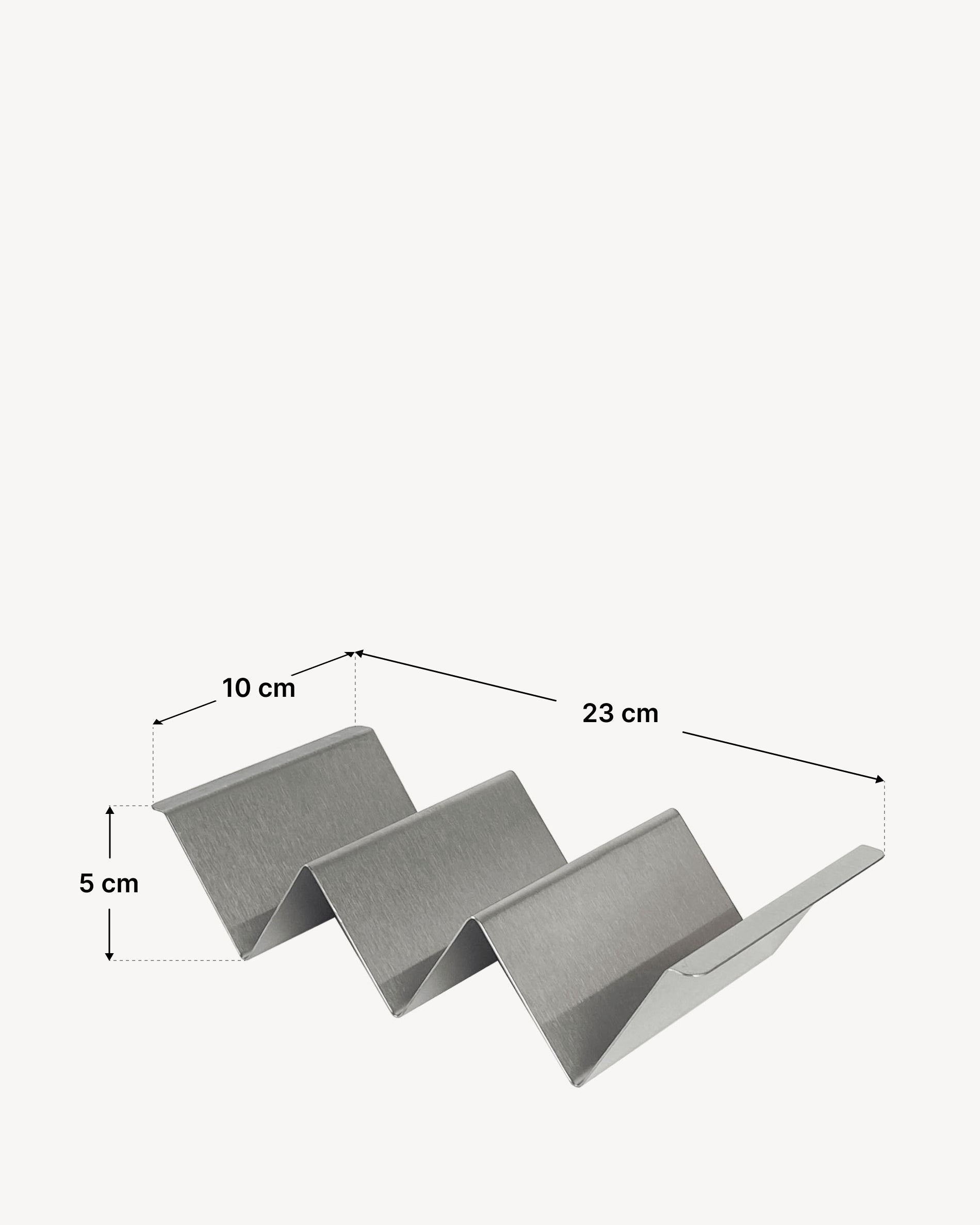 Soporte para tacos de acero inoxidable con estructura plegada en zigzag, con varios espacios para tortillas, presentado junto a un esquema de dimensiones que indica una longitud total de 23 cm, un ancho de 10 cm y una altura de 5 cm.