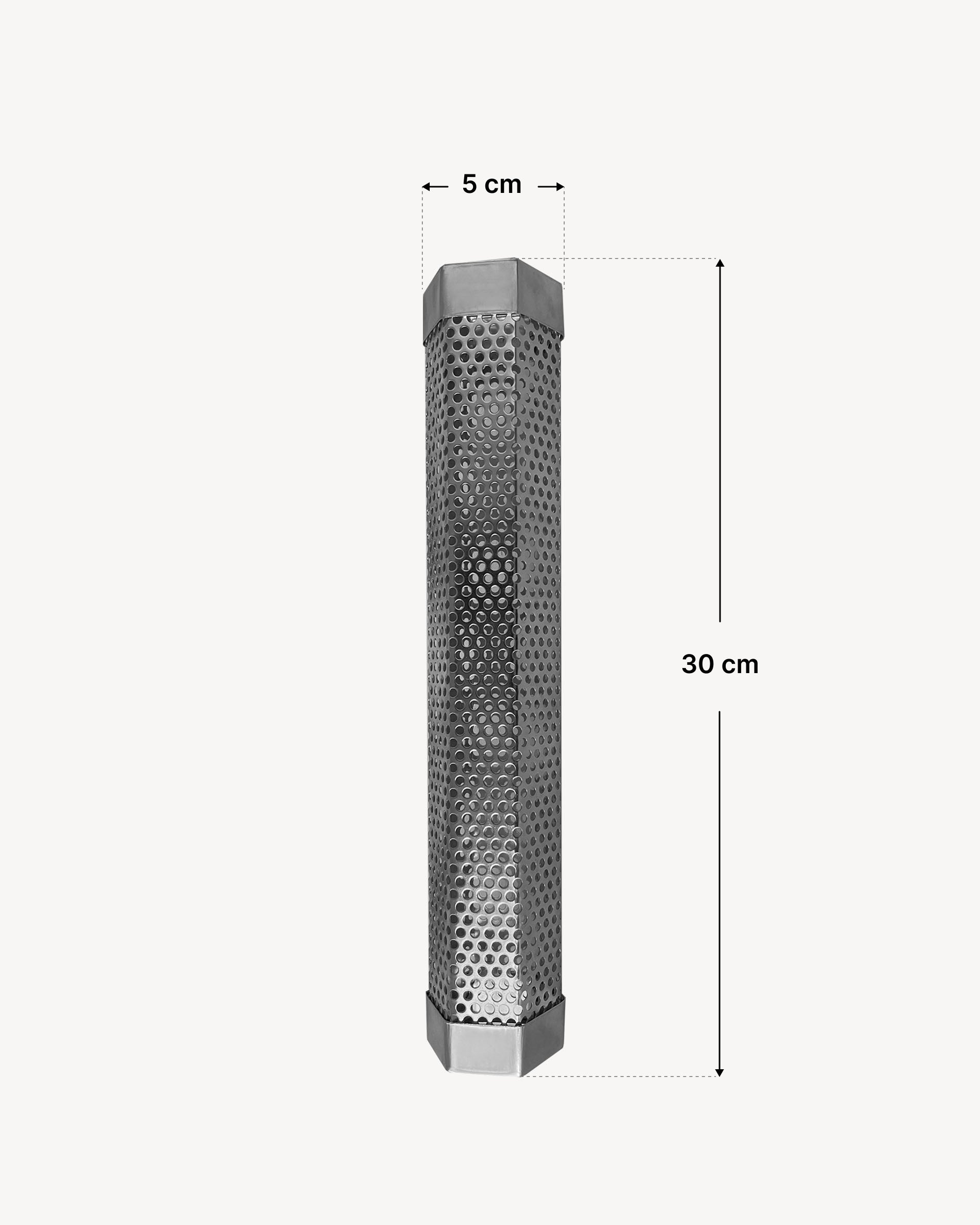 Tubo generador de humo en acero inoxidable perforado para ahumado en frío, presentado con un esquema de dimensiones que indica una longitud total de 30 cm y un ancho de 5 cm.